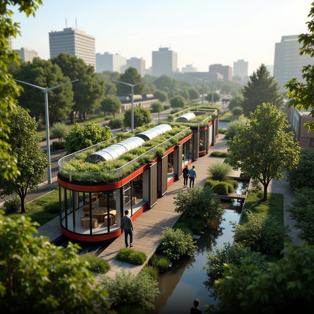 Prompt: Eco-friendly tram station, lush green roofs, solar panels, wind turbines, rainwater harvesting systems, natural ventilation, energy-efficient lighting, recycled materials, bamboo platforms, living walls, verdant surroundings, calm atmosphere, soft daylighting, shallow depth of field, 3/4 composition, panoramic view, realistic textures, ambient occlusion.