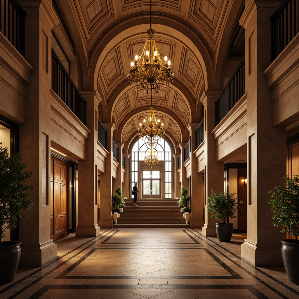 Prompt: Grand symmetrical entrance, majestic arches, elegant columns, harmonious facade, balanced composition, refined stonework, ornate details, intricate patterns, majestic domes, grand staircases, luxurious chandeliers, ambient warm lighting, shallow depth of field, 1/2 composition, realistic textures, atmospheric perspective.