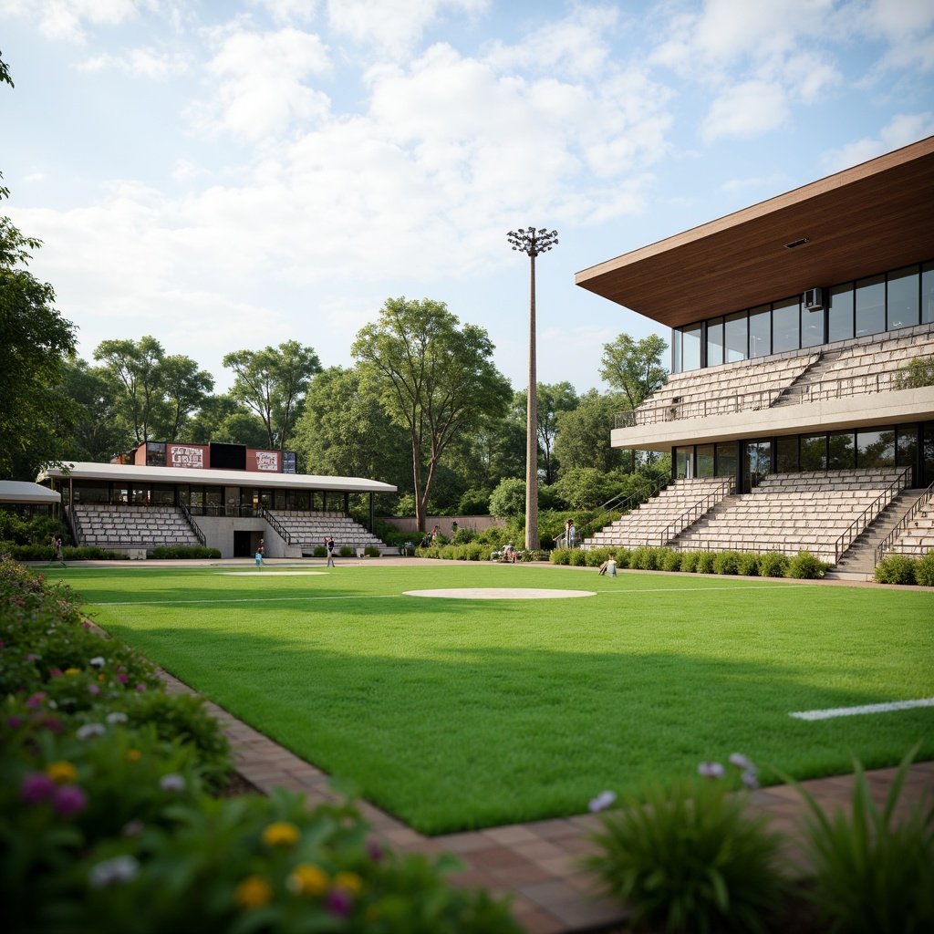 Prompt: Eco-friendly sports complex, lush green grass, recycled rubber tracks, solar-powered scoreboards, wind turbine lighting, rainwater harvesting systems, organic food vendors, natural stone seating areas, reclaimed wood bleachers, living walls with vines, minimalist modern architecture, cantilevered roofs, transparent glass fa\u00e7ades, warm wooden accents, soft ambient lighting, shallow depth of field, 3/4 composition, panoramic view, realistic textures, ambient occlusion.