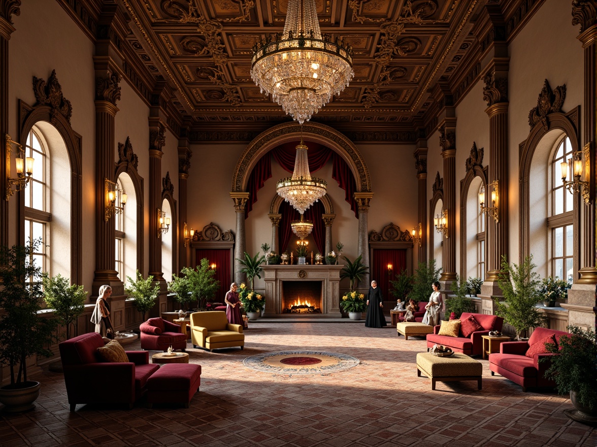 Prompt: Luxurious Renaissance-style interior, rich velvet fabrics, ornate golden accents, intricate carved wood details, majestic stone columns, grand crystal chandeliers, lavish jewel-toned colors, regal reds, imperial blues, opulent emerald greens, warm beige backgrounds, soft candlelight, dramatic shadows, 2/3 composition, symmetrical layout, realistic textures, ambient occlusion.