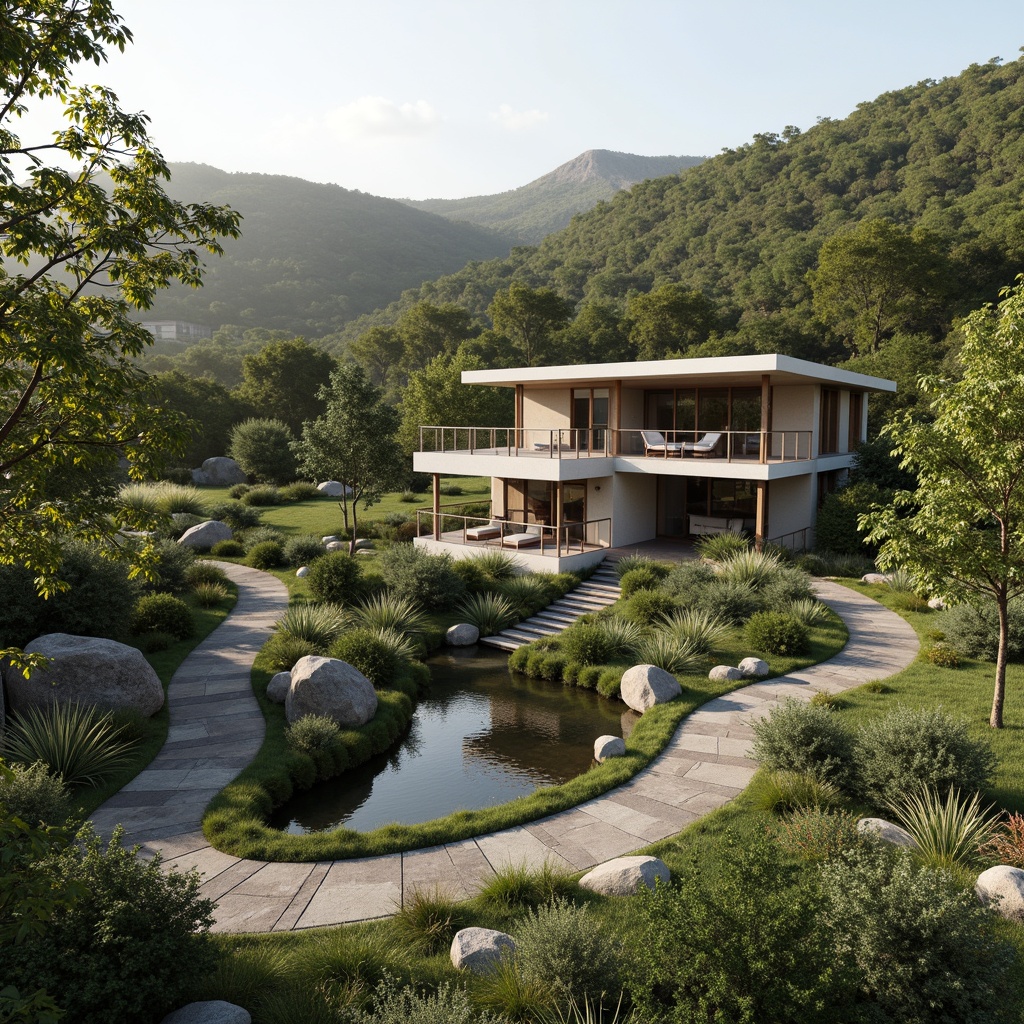 Prompt: Harmonious landscape integration, rolling hills, lush greenery, serene water features, natural stone walls, curved pathways, modern minimalist architecture, large windows, sliding glass doors, cantilevered roofs, blended boundaries, seamless transitions, organic shapes, earthy tones, warm natural lighting, soft focus, atmospheric perspective, 2/3 composition, symmetrical balance, realistic textures, ambient occlusion.Let me know if you need any adjustments!