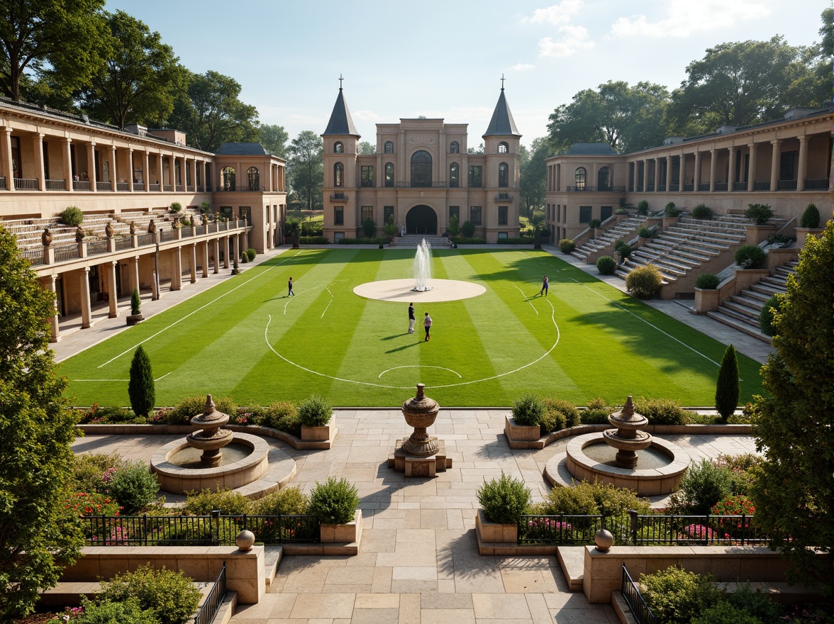 Prompt: Symmetrical Renaissance-style sports fields, lush green grass, ornate stone fountains, grandstand seating, intricately designed goalposts, rustic wooden benches, classical architectural elements, majestic colonnades, decorative iron railings, vibrant flower arrangements, sunny afternoon lighting, soft warm shadows, shallow depth of field, 1/1 composition, panoramic view, realistic textures, ambient occlusion.