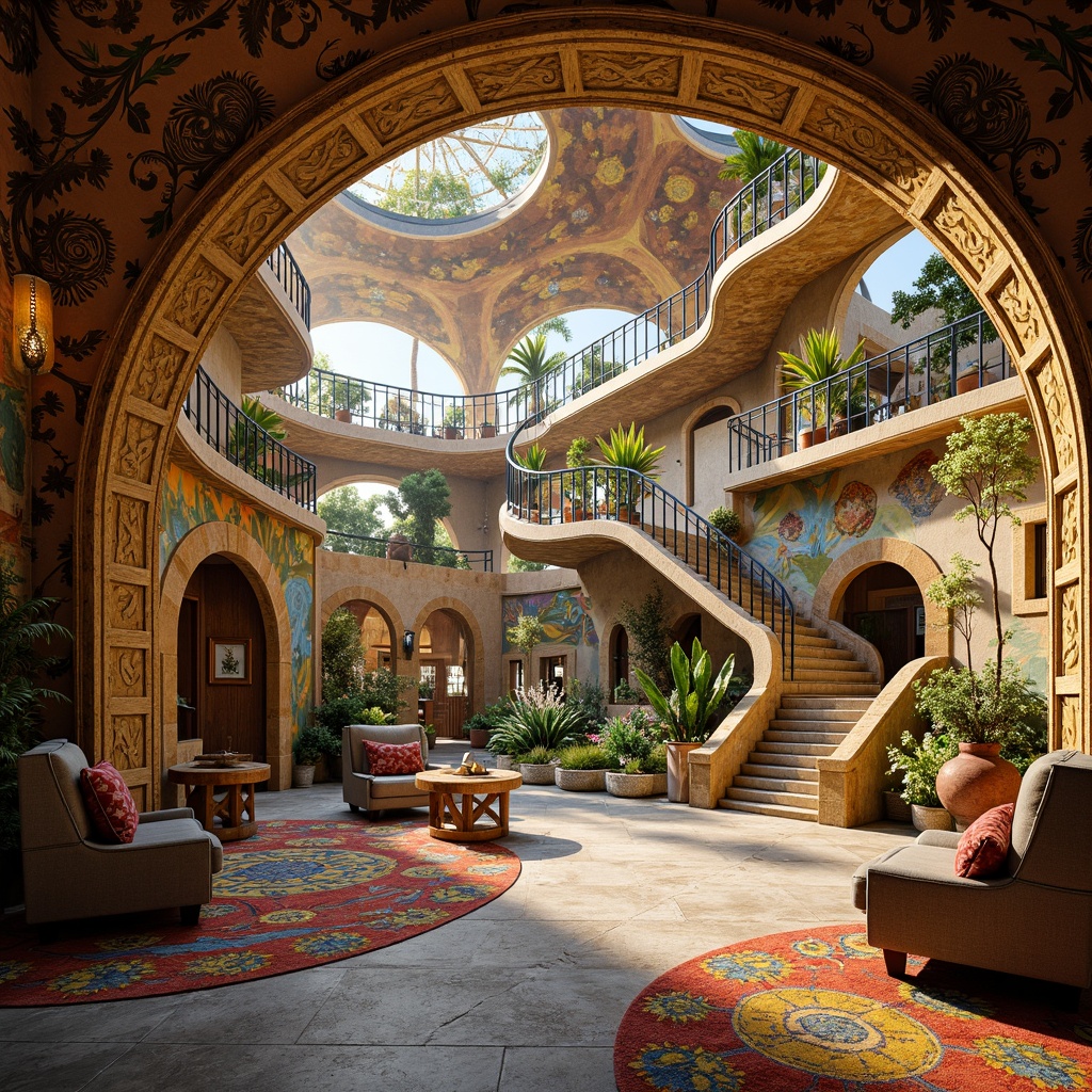 Prompt: Whimsical kindergarten playground, sinuous curvilinear forms, ornate metalwork, flowing organic lines, vibrant colorful murals, stylized botanical motifs, intricate mosaics, decorative ceramic tiles, rounded archways, grandiose entrance doors, sweeping staircases, luxurious velvety carpets, soft warm lighting, shallow depth of field, 1/1 composition, panoramic view, realistic textures, ambient occlusion.