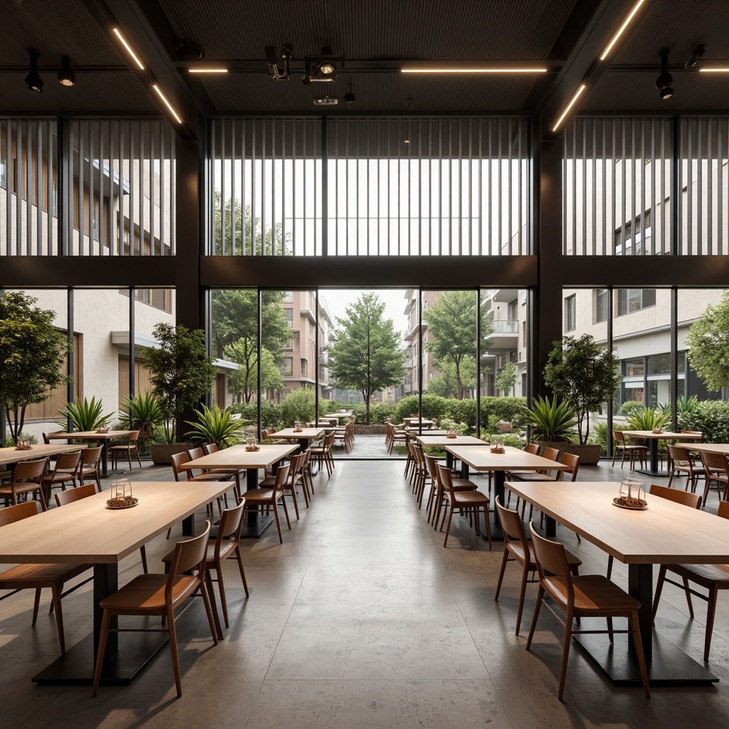 Prompt: Functional Bauhaus dining hall, rectangular tables, minimalist chairs, industrial lighting fixtures, polished concrete floors, geometric patterns, open spaces, natural ventilation, abundant daylight, vertical windows, asymmetrical compositions, modernist architecture, functional simplicity, harmonious color schemes, warm atmosphere, subtle textures, shallow depth of field, 1/2 composition, realistic renderings.