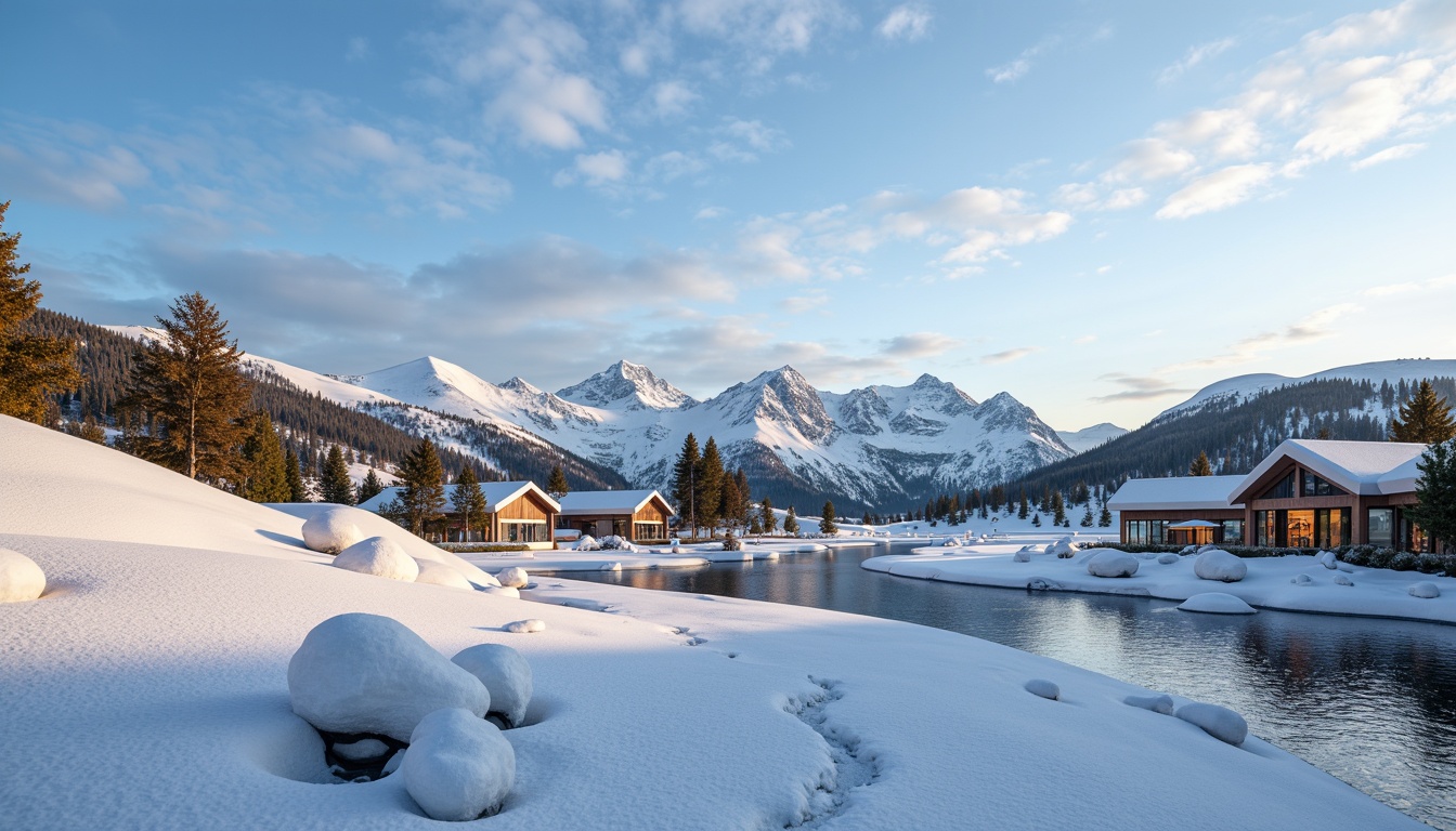 Prompt: Snow-capped mountains, frozen lakes, winter sports equipment, modern ski centers, sleek metal structures, glass facades, wooden accents, natural stone walls, energy-efficient systems, solar panels, snowflake-inspired patterns, frosty mornings, crisp air, soft warm lighting, shallow depth of field, 3/4 composition, panoramic view, realistic textures, ambient occlusion.