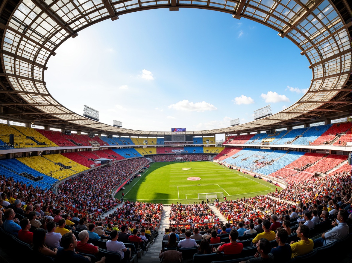 Prompt: Vibrant stadium architecture, bold color blocking, dynamic lighting effects, gradient seating arrangements, contrasting team colors, energetic crowd atmosphere, sunny day, soft warm lighting, shallow depth of field, 3/4 composition, panoramic view, realistic textures, ambient occlusion, sleek metal structures, translucent canopies, cantilevered roofs, angular lines, modern minimalist design, sustainable materials, eco-friendly systems, innovative ventilation technologies, shaded concourses, misting systems, futuristic patterns, intricate geometric motifs.