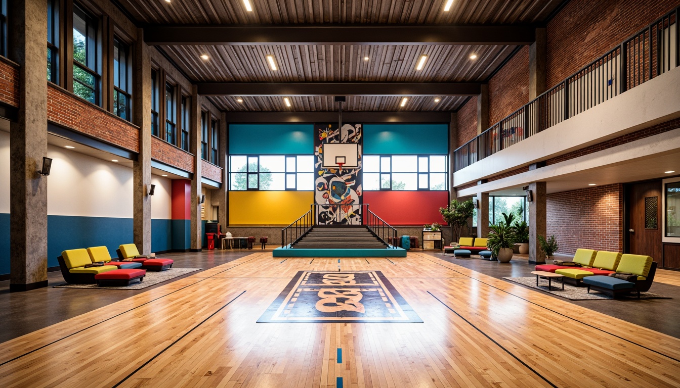 Prompt: Vibrant gymnasium interior, eclectic architecture style, contrasting materials, polished wooden floors, industrial metal beams, exposed brick walls, bold color accents, dynamic lighting systems, modern sports equipment, minimalist seating areas, abstract geometric patterns, intricate mosaic tiles, textured concrete columns, ornate decorative railings, natural stone feature walls, dramatic ceiling heights, 1/1 composition, high-contrast lighting, realistic reflections.