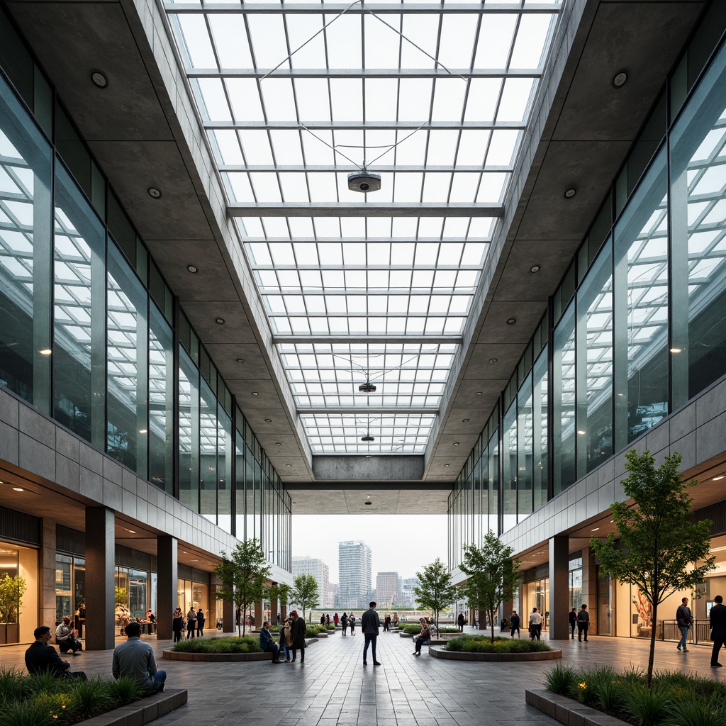 Prompt: Spacious bus station, high ceilings, large windows, transparent roofs, clerestory windows, natural ventilation systems, skylights, diffused lighting, bright interior spaces, minimalist design, modern architecture, steel beams, concrete floors, urban landscape views, cityscape backgrounds, busy street scenes, pedestrian traffic, public art installations, green walls, living roofs, solar panels, energy-efficient systems, warm color schemes, inviting atmosphere, shallow depth of field, 1/2 composition, softbox lighting, realistic textures.