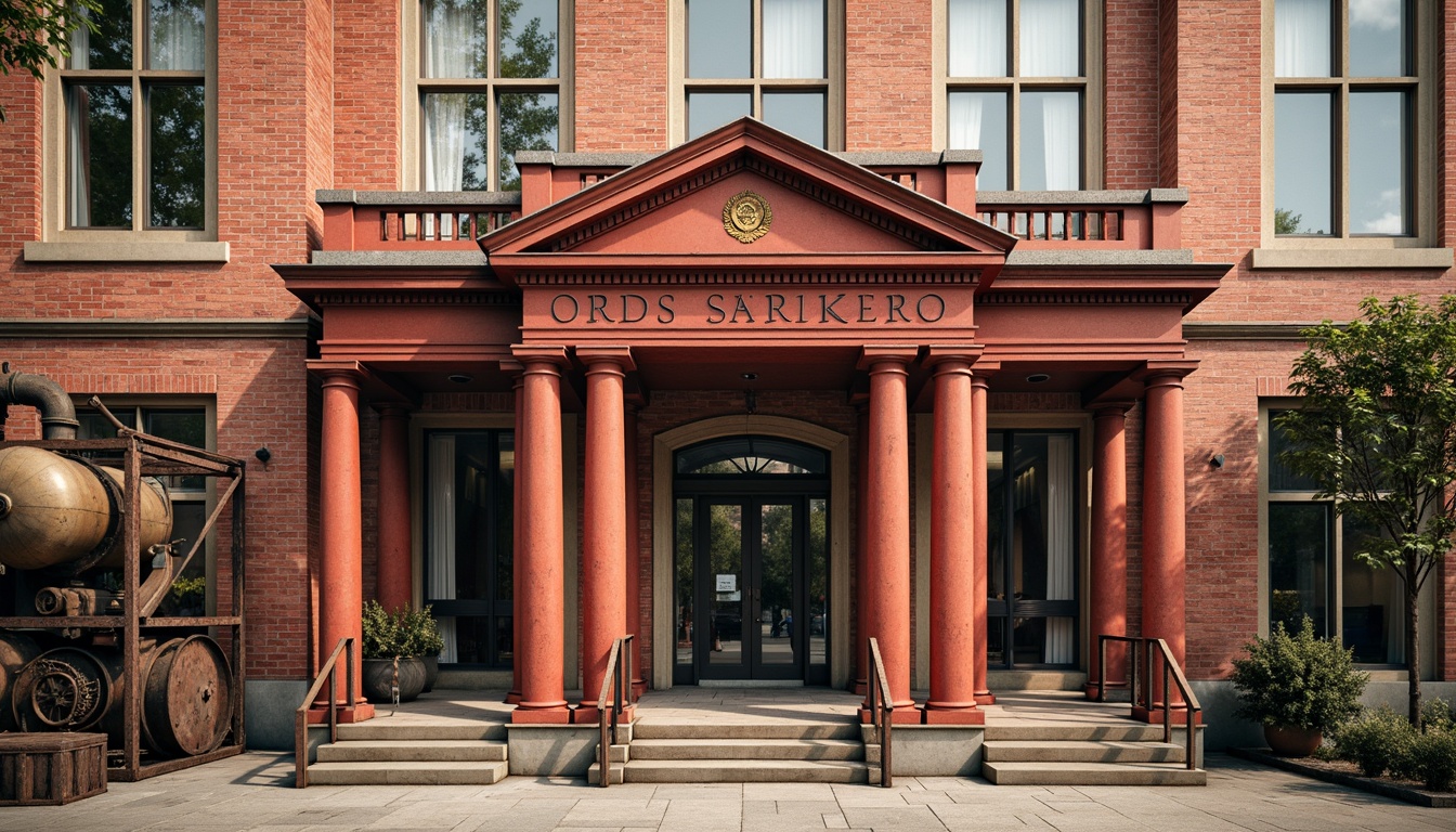 Prompt: Red-brick factory building, neoclassical facade, ornate details, classical columns, symmetrical composition, grand entrance, industrial heritage, rusted metal accents, vintage machinery, distressed textures, warm beige colors, soft natural light, shallow depth of field, 1/1 composition, realistic rendering, ambient occlusion.