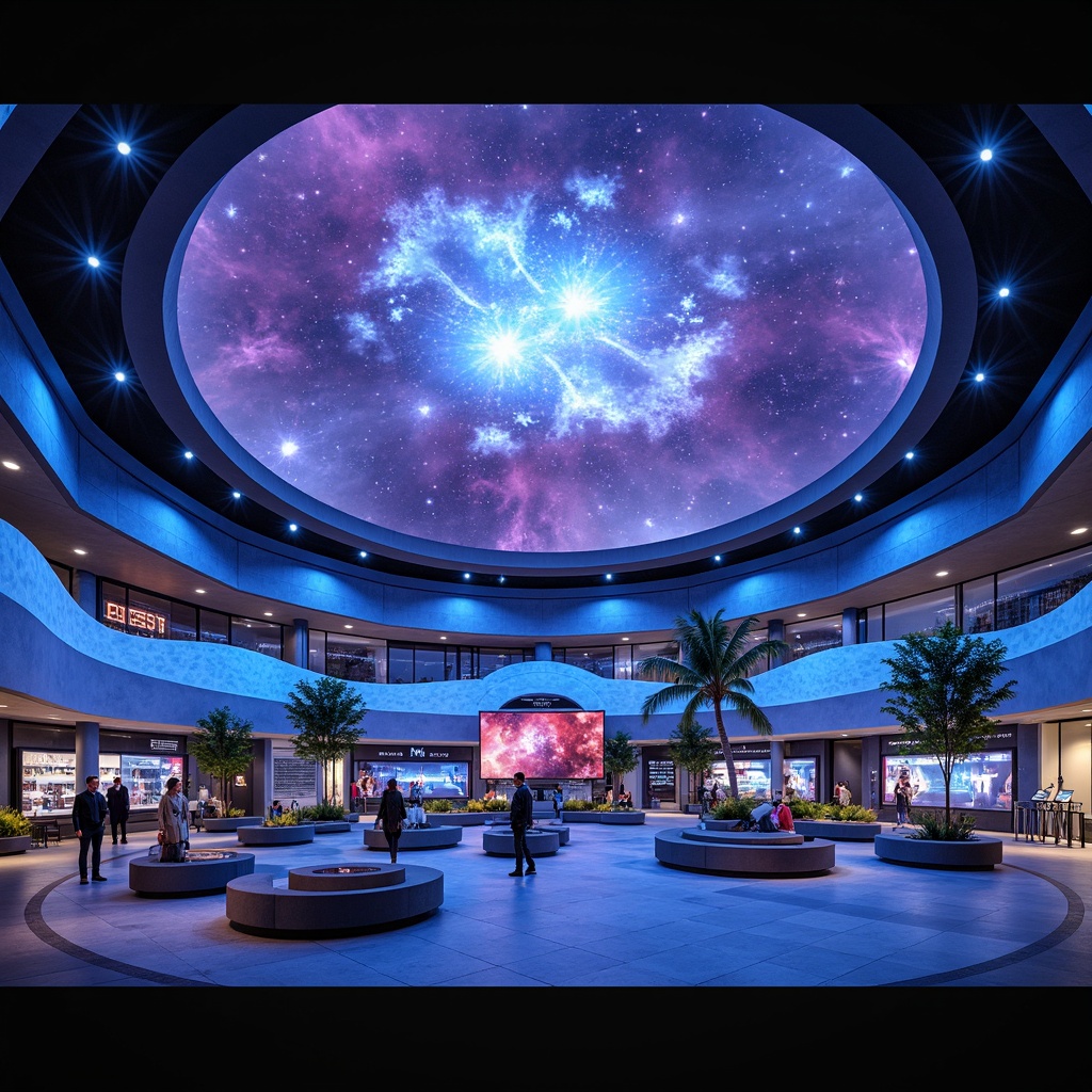 Prompt: Cosmic planetarium interior, futuristic metabolism style, glowing nebulae ceilings, iridescent walls, undulating curves, bioluminescent accents, 3D astronomical projections, immersive virtual reality experiences, interactive exhibits, holographic displays, minimalist seating areas, atmospheric soundscapes, soft pulsing lighting, shallow depth of field, 1/1 composition, panoramic view, realistic textures, ambient occlusion.