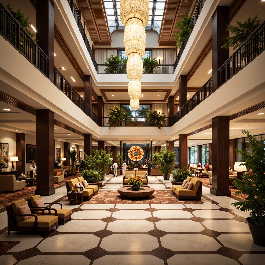 Prompt: Grand hotel lobby, spacious atrium, elegant chandeliers, polished marble floors, luxurious furnishings, vibrant floral arrangements, comfortable seating areas, warm ambient lighting, high ceilings, intricate architectural details, bustling social hub, lively atmosphere, 3/4 composition, shallow depth of field, panoramic view, realistic textures, ambient occlusion.