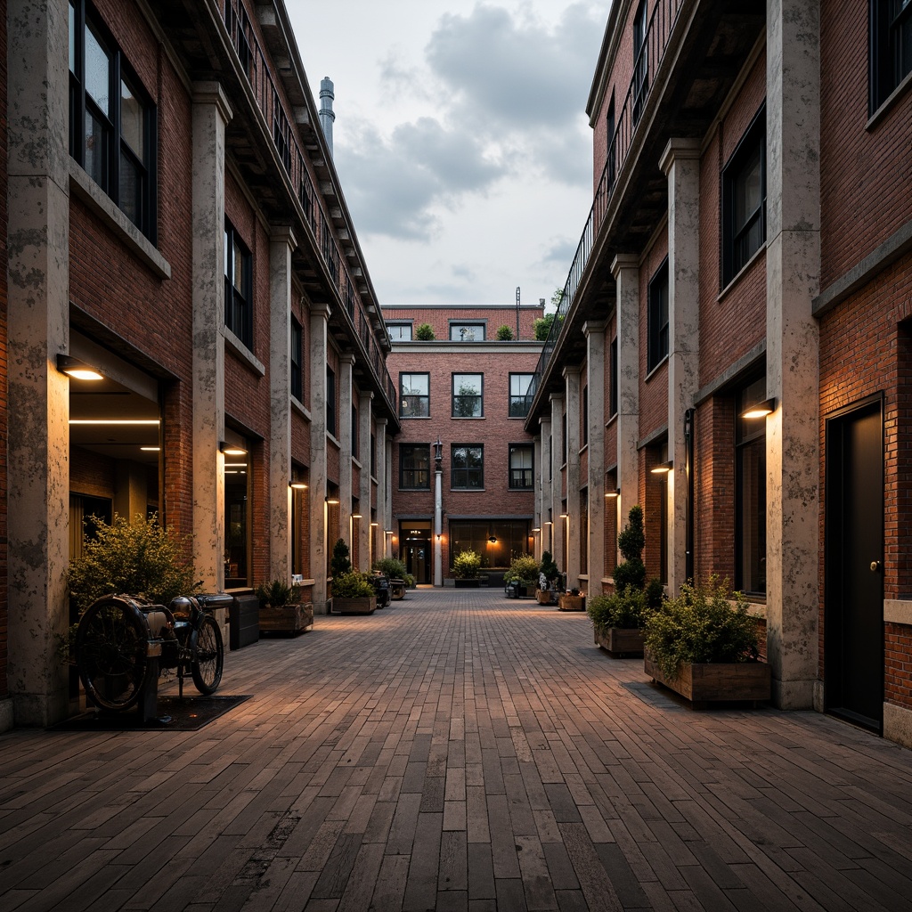 Prompt: Industrial heritage buildings, distressed brick walls, steel beams, worn wooden floors, vintage machinery, metal pipes, concrete columns, exposed ductwork, urban cityscape, cloudy grey skies, warm golden lighting, soft misty atmosphere, 2/3 composition, symmetrical architecture, rustic textures, subtle ambient occlusion.