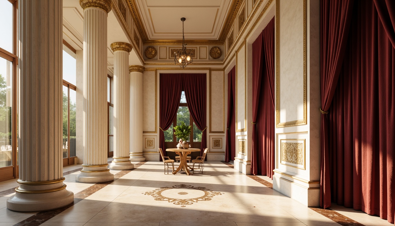 Prompt: Elegant neoclassical building, ornate columns, intricately carved marble, rich wood accents, luxurious velvet drapes, gilded frames, soft warm lighting, subtle shading, atmospheric perspective, 1/2 composition, warm beige background, creamy whites, muted golds, deep crimson reds, sophisticated dark blues, refined greens, subtle texture overlays, realistic reflections, ambient occlusion.