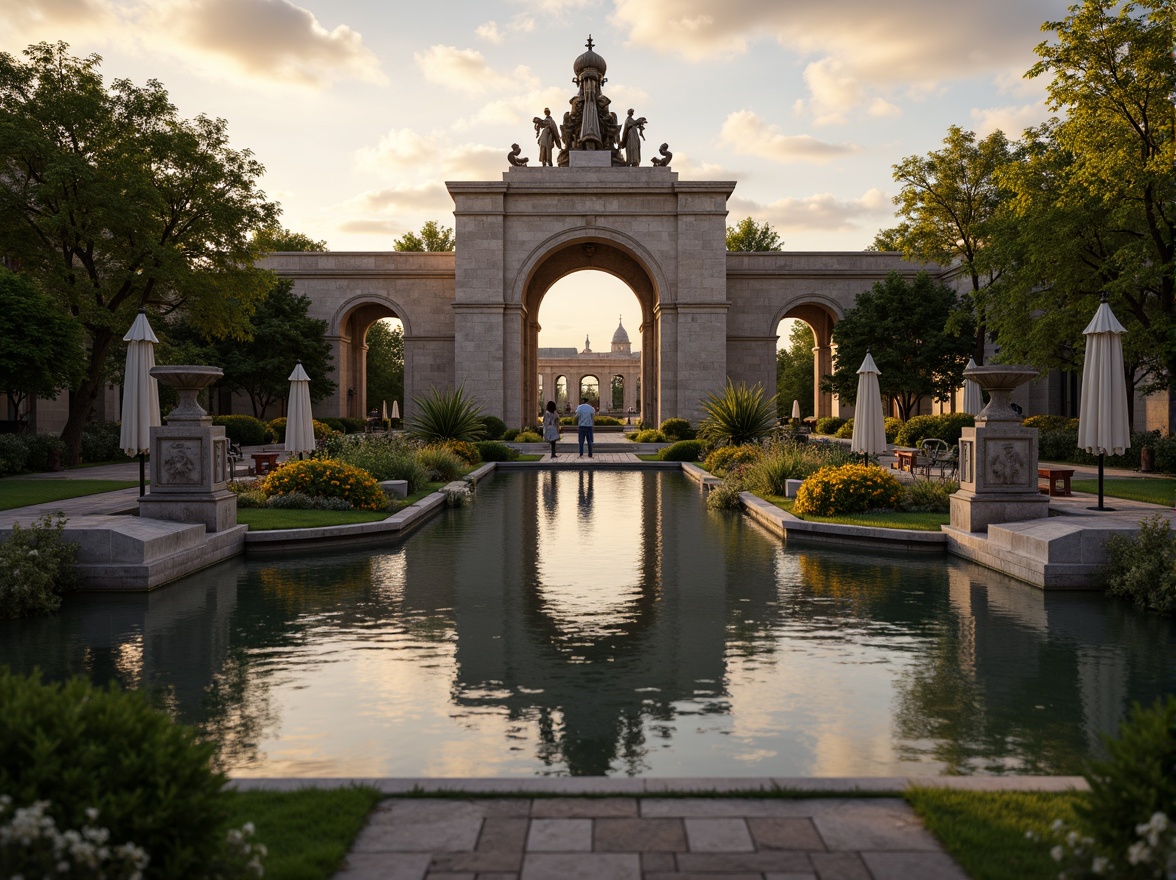 Prompt: Opulent fountain, grandiose statue, intricate stone carvings, ornate bridges, serene water reflections, majestic waterfalls, lavish flower arrangements, delicate fish ponds, elegant garden benches, rustic stone walkways, natural rock formations, dramatic lighting effects, warm sunset ambiance, shallow depth of field, 1/2 composition, soft focus background, realistic water simulations.