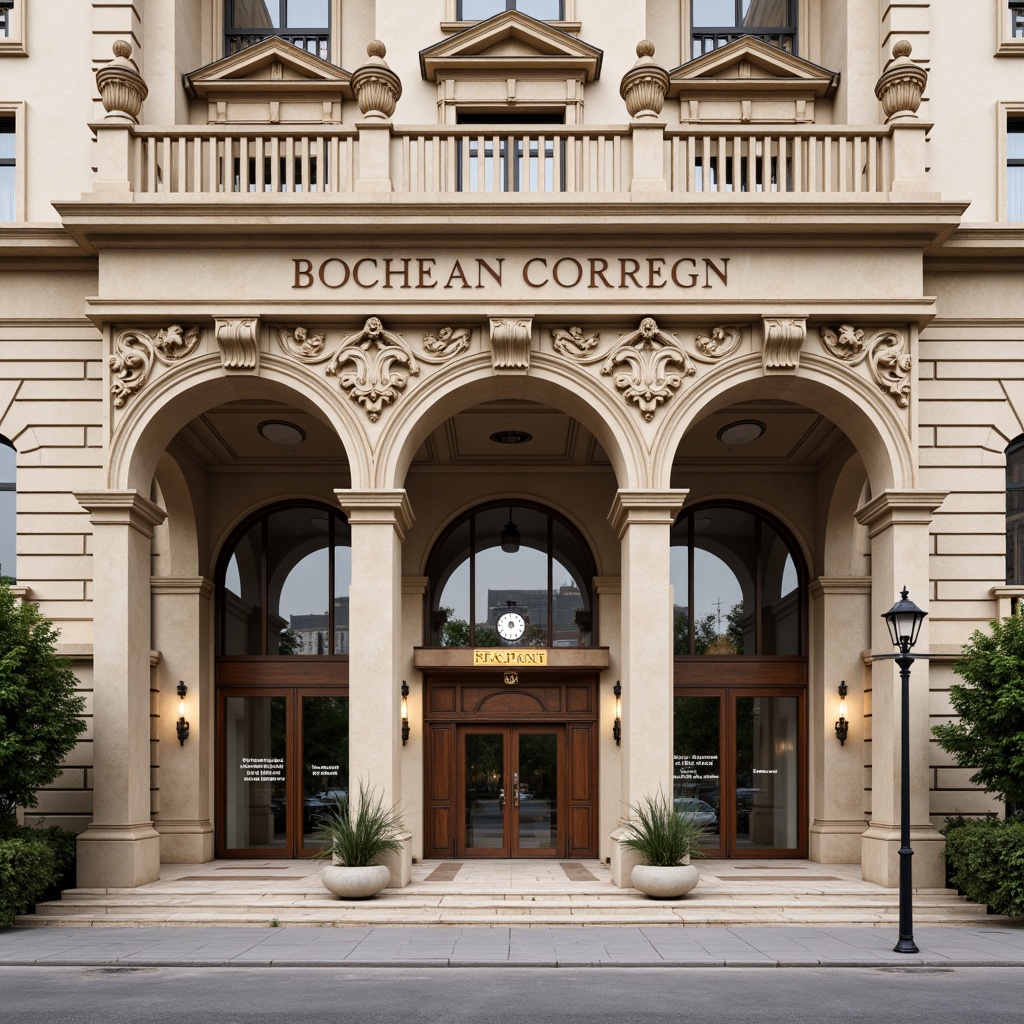 Prompt: Grand hospital entrance, ornate columns, intricately carved stonework, majestic archways, symmetrical facade composition, neoclassical architectural details, subtle rustication, elegant cornices, decorative pilasters, refined molding, grandiose portico, warm beige stone tones, soft natural lighting, subtle shading, 1/2 composition, realistic textures, ambient occlusion.