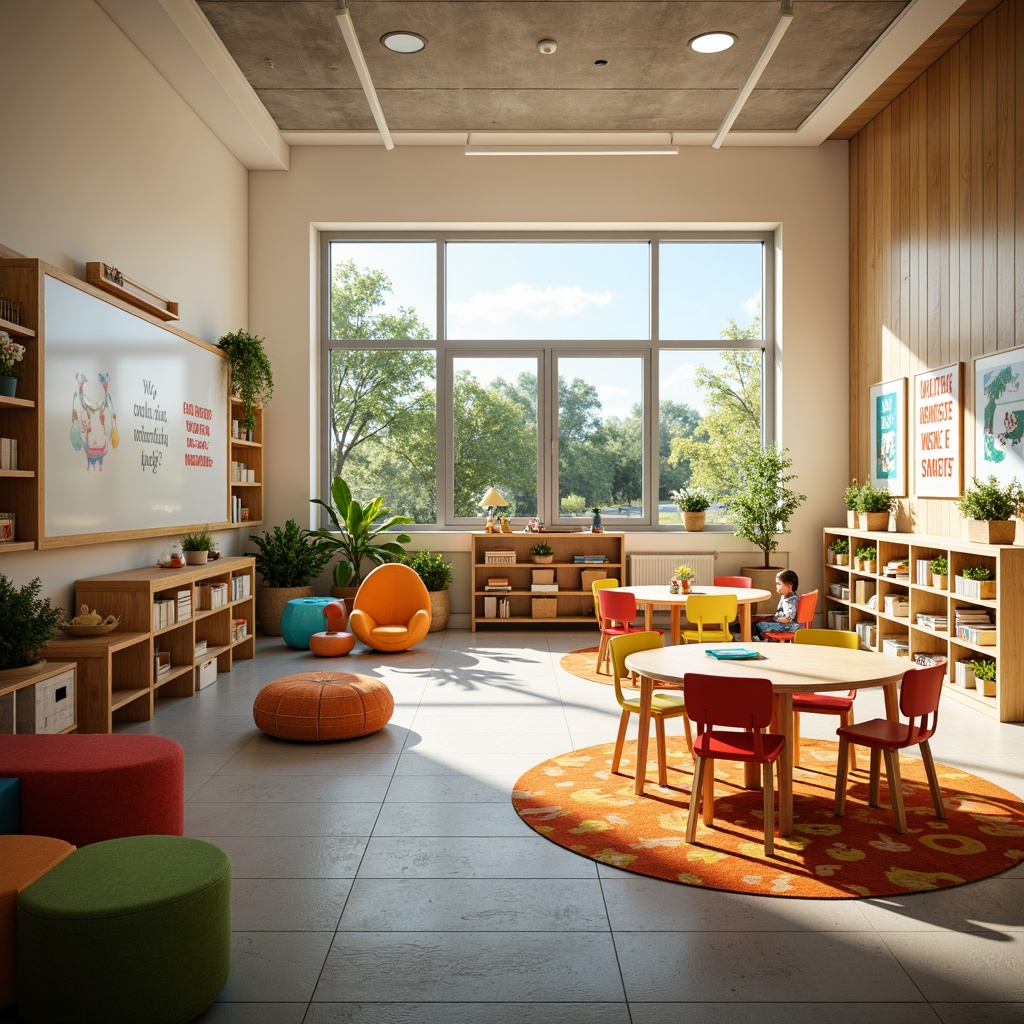 Prompt: Vibrant kindergarten classroom, bright color scheme, playful furniture, interactive whiteboards, educational toys, cozy reading nooks, soft carpeted floors, natural wood accents, large windows, abundant sunlight, warm ambient lighting, shallow depth of field, 3/4 composition, modern minimalistic design, circular tables, ergonomic chairs, collaborative learning spaces, inspirational quotes, fun patterned rugs, textured walls, calming greenery, fresh flowers, joyful atmosphere.