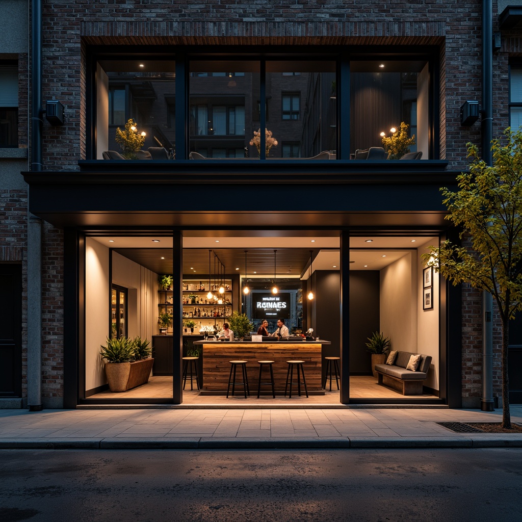 Prompt: Minimalist bar facade, industrial materials, exposed brick walls, steel beams, polished concrete floors, reclaimed wood accents, sleek metal frames, floor-to-ceiling windows, sliding glass doors, subtle neon signage, warm ambient lighting, shallow depth of field, 1/2 composition, urban cityscape, nighttime atmosphere, moody color palette, atmospheric fog effect, realistic reflections.