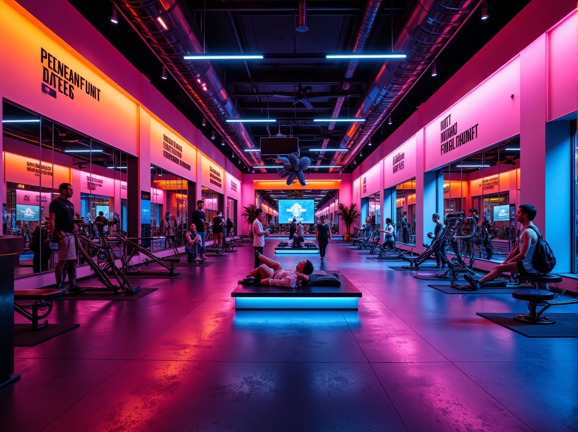 Prompt: Vibrant fitness club interior, bold color scheme, energetic atmosphere, neon-lit equipment, mirrored walls, polished metal accents, high-gloss flooring, motivational quotes, dynamic lighting effects, intense weightlifting area, cardio machine zone, yoga studio space, calming meditation room, spa-inspired locker rooms, modern minimalist decor, sleek lines, geometric patterns, contrasting textures, warm and cool color contrasts, high-contrast lighting, dramatic shadows, 1/1 composition, realistic reflections, ambient occlusion.