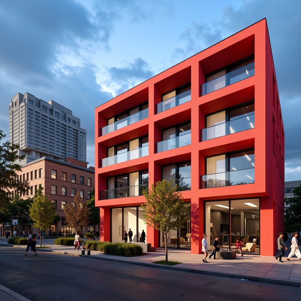 Prompt: Vibrant modern architecture, bold color scheme, bright coral walls, sleek metal accents, large glass windows, minimalist decor, urban cityscape, cloudy blue sky, dramatic lighting effects, high-contrast shadows, 1/1 composition, shallow depth of field, realistic reflections, ambient occlusion.