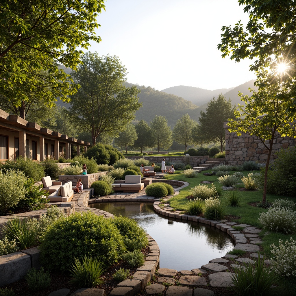 Prompt: Tiered seating, lush greenery, natural stone walls, wooden benches, tranquil water features, serene atmosphere, soft warm lighting, gentle slope, curved lines, organic shapes, earthy tones, rustic textures, blooming flowers, vibrant colors, panoramic views, 3/4 composition, shallow depth of field, realistic rendering, ambient occlusion.