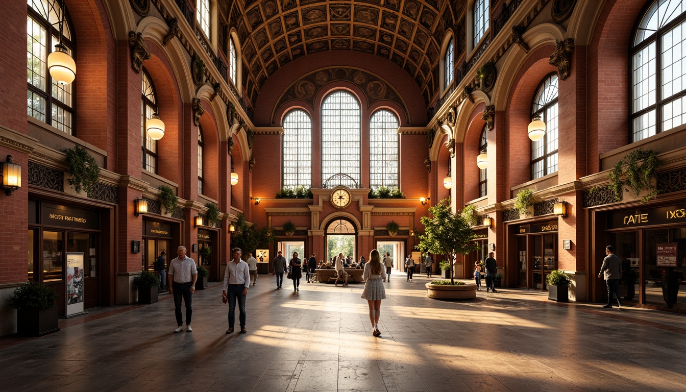 Prompt: Grandiose train station, ornate Renaissance-inspired facade, intricately carved stonework, arched windows, majestic clock tower, grand entrance hall, high ceilings, ornamental chandeliers, richly patterned flooring, lavish furnishings, warm golden lighting, shallow depth of field, 1/2 composition, symmetrical architecture, dramatic archways, vibrant red brick walls, elegant columns, refined moldings, exquisite metalwork details, soft afternoon sunlight, ambient occlusion.