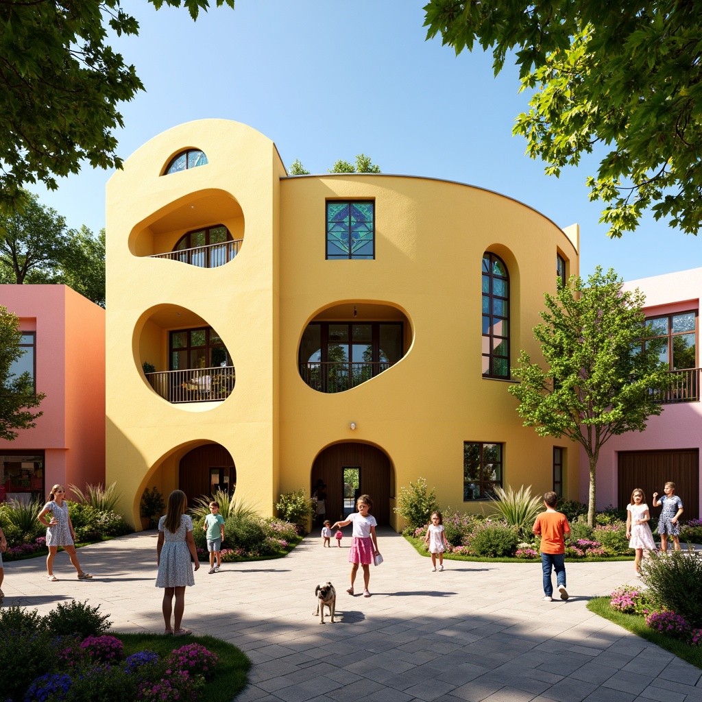 Prompt: Vibrant kindergarten building, curved lines, organic shapes, bright color palette, warm yellow walls, soft pink accents, turquoise decorative elements, intricate floral patterns, stained glass windows, ornate wooden doors, playful murals, whimsical sculptures, lush greenery surroundings, blooming flowers, sunny day, soft warm lighting, shallow depth of field, 3/4 composition, panoramic view, realistic textures, ambient occlusion.