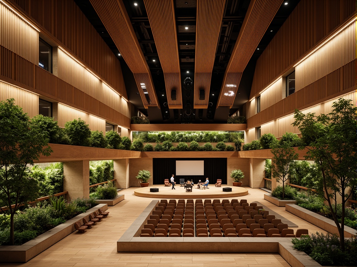 Prompt: Eco-friendly concert house, reclaimed wood accents, living green walls, solar panels, rainwater harvesting systems, natural ventilation, minimalist interior design, acoustic soundproofing, curved lines, organic shapes, earthy color palette, warm LED lighting, shallow depth of field, 3/4 composition, panoramic view, realistic textures, ambient occlusion.