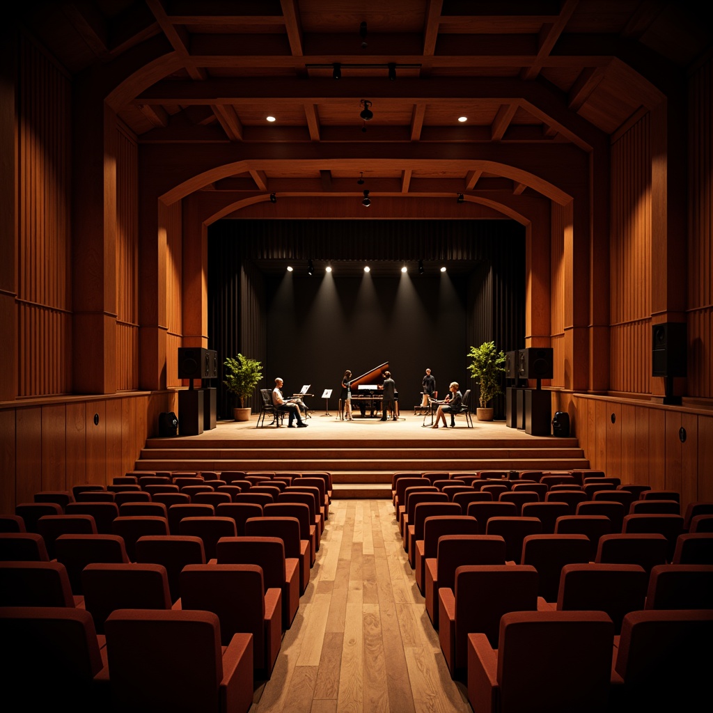 Prompt: Intimate music venue, dimmed lighting, rich wood tones, plush velvet seats, sound-absorbing acoustic panels, curved lines, minimalist decor, elevated stage, professional audio equipment, spotlights, warm color palette, soft shadows, 1/2 composition, shallow depth of field, realistic textures, ambient occlusion.