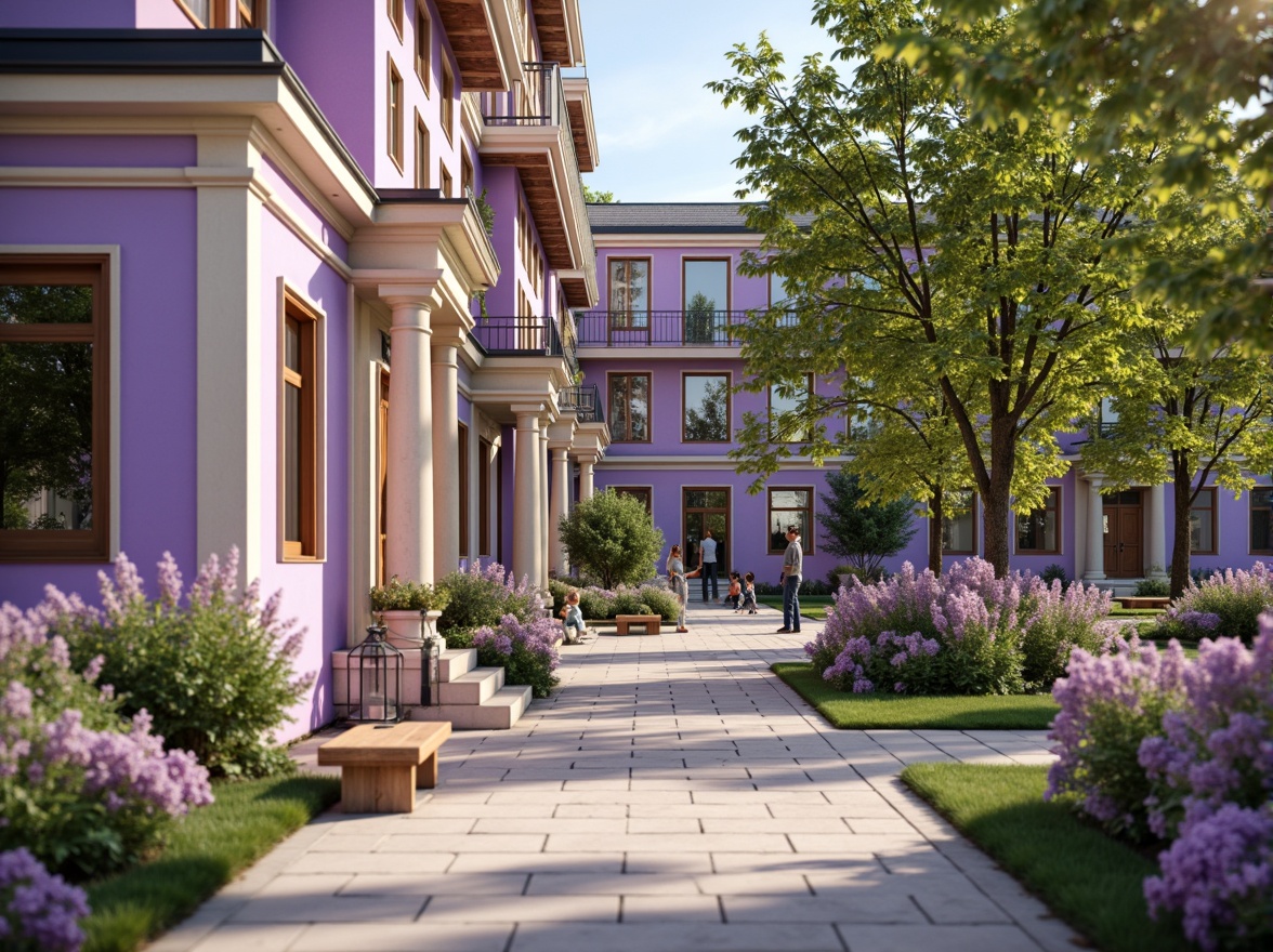 Prompt: Whimsical lilac-hued building facade, soft purple accents, creamy white columns, ornate golden details, lush greenery, blooming lilac flowers, natural stone pathways, rustic wooden benches, vintage metal lanterns, warm sunny day, soft diffused lighting, shallow depth of field, 1/2 composition, romantic atmosphere, watercolor-inspired textures, subtle ambient occlusion.