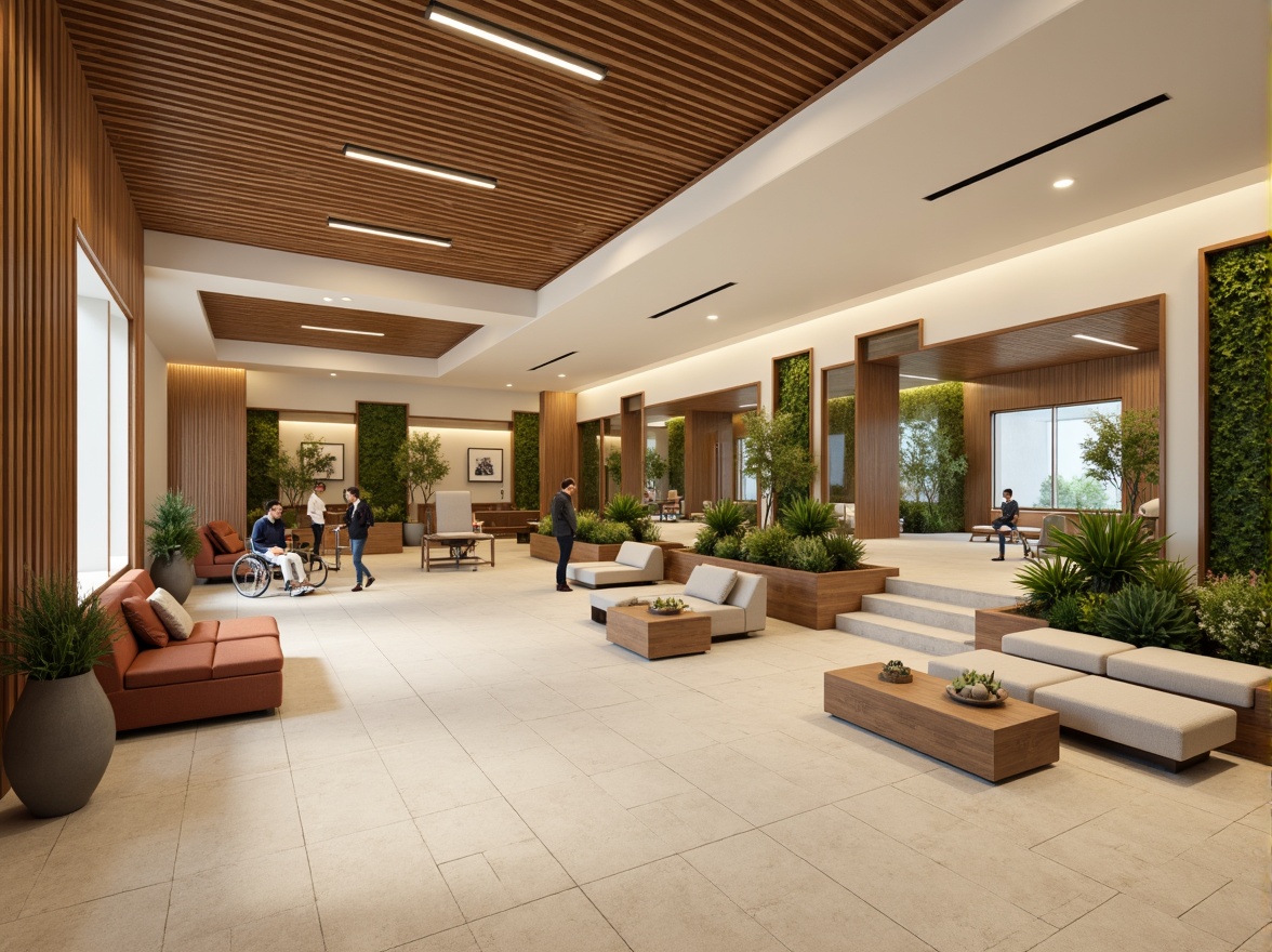 Prompt: Rehabilitation center interior, fusion architecture style, calming color scheme, natural wood accents, soft warm lighting, comfortable seating areas, modern medical equipment, private therapy rooms, mirrored exercise spaces, adaptive fitness tools, non-slip flooring, wheelchair-accessible ramps, soothing water features, lush green walls, organic textures, minimal ornamentation, functional layout, 1/2 composition, shallow depth of field, natural materials, earthy tones, warm beige colors.