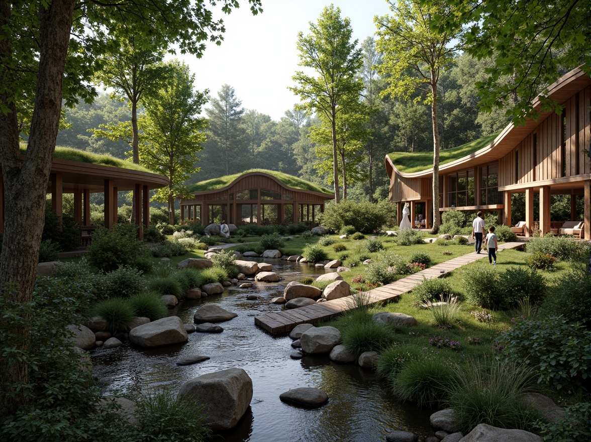 Prompt: Harmonious forest surroundings, meandering streams, rustic wooden bridges, blending modern architecture, green roofs, living walls, natural stone facades, curved lines, organic shapes, sustainable design, eco-friendly materials, abundant natural light, soft warm ambiance, shallow depth of field, 3/4 composition, panoramic view, realistic textures, ambient occlusion.