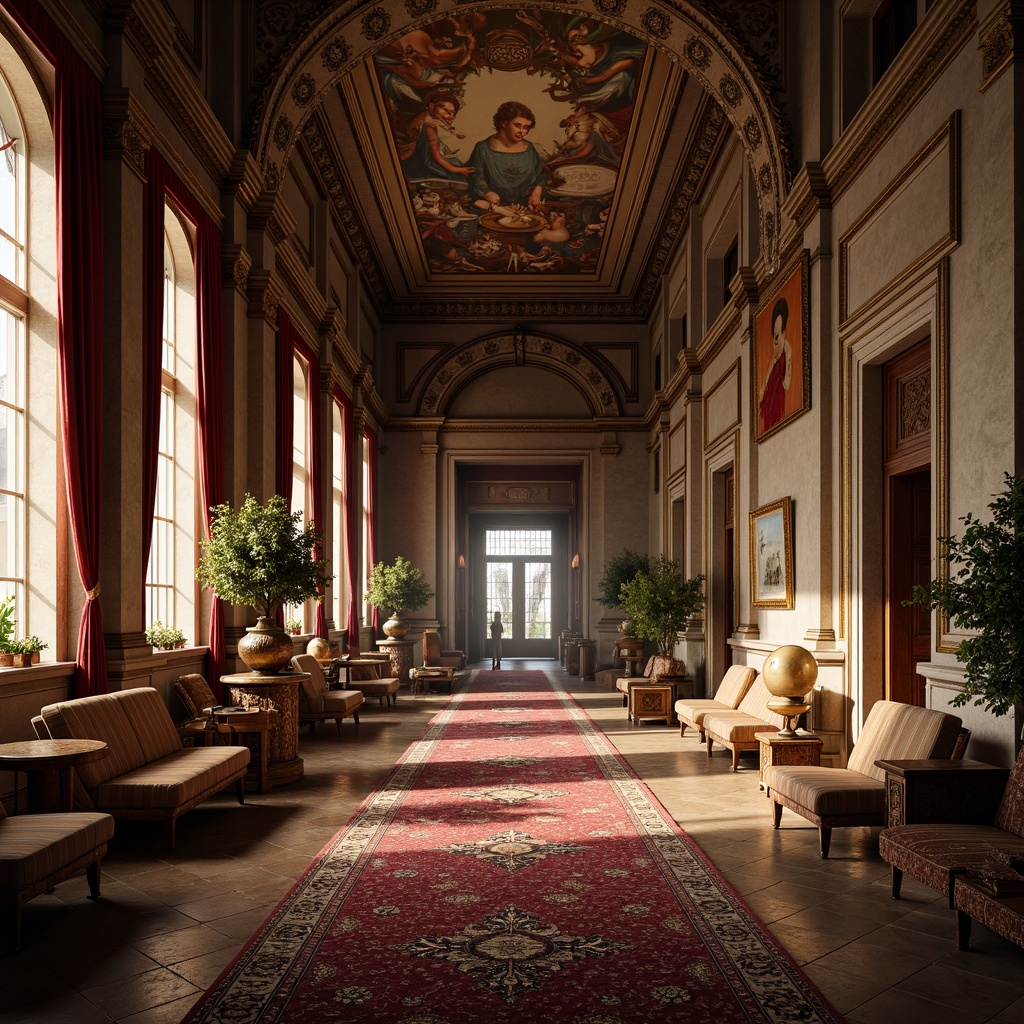 Prompt: Elegant Renaissance palace, ornate stone carvings, luxurious velvet drapes, intricately patterned rugs, gilded furniture accents, rich jewel-toned colors, warm golden lighting, soft misty atmosphere, 1/1 composition, realistic textures, ambient occlusion, subtle depth of field, dramatic chiaroscuro, Renaissance-inspired architectural details, ornate frescoes, grandiose high ceilings, lavish decorations, refined sophisticated ambiance.