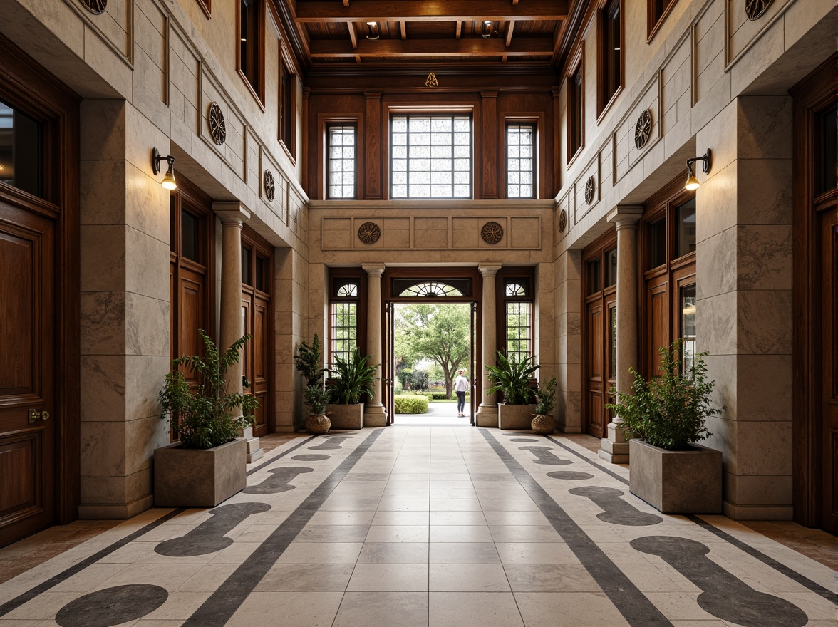 Prompt: Elegant academic building, classic columns, rusticated stone walls, ornate facades, grand entrance halls, polished marble floors, wooden paneling, high ceilings, large windows, stained glass details, intricate moldings, rich wood tones, sophisticated color schemes, natural textures, ambient lighting, soft shadows, 1/1 composition, symmetrical view, realistic rendering.