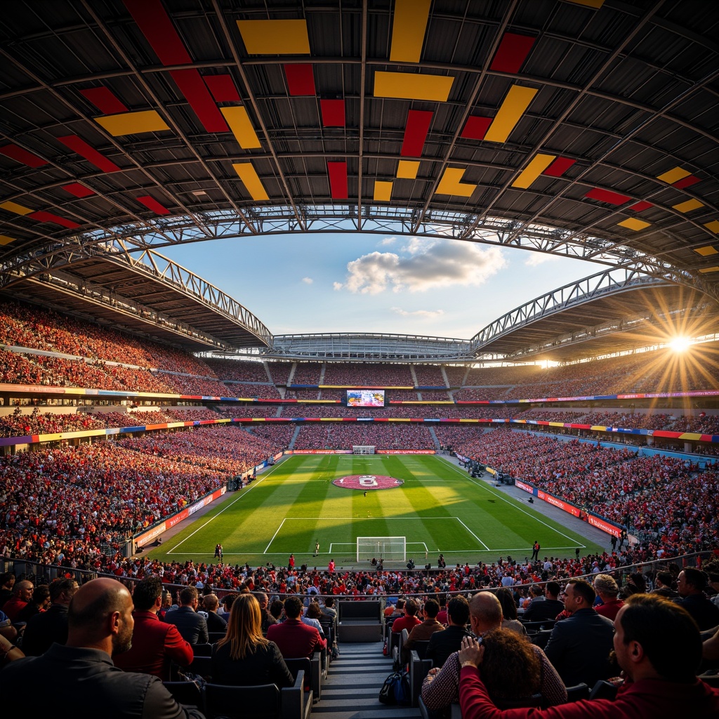 Prompt: Vibrant stadium interior, dynamic color schemes, bold typography, energetic crowd atmosphere, bright LED lighting, sleek metal structures, modern architectural design, geometric patterns, angular lines, contrasting color blocks, team spirit branding, nostalgic retro vibes, warm golden lighting, shallow depth of field, 3/4 composition, panoramic view, realistic textures, ambient occlusion.