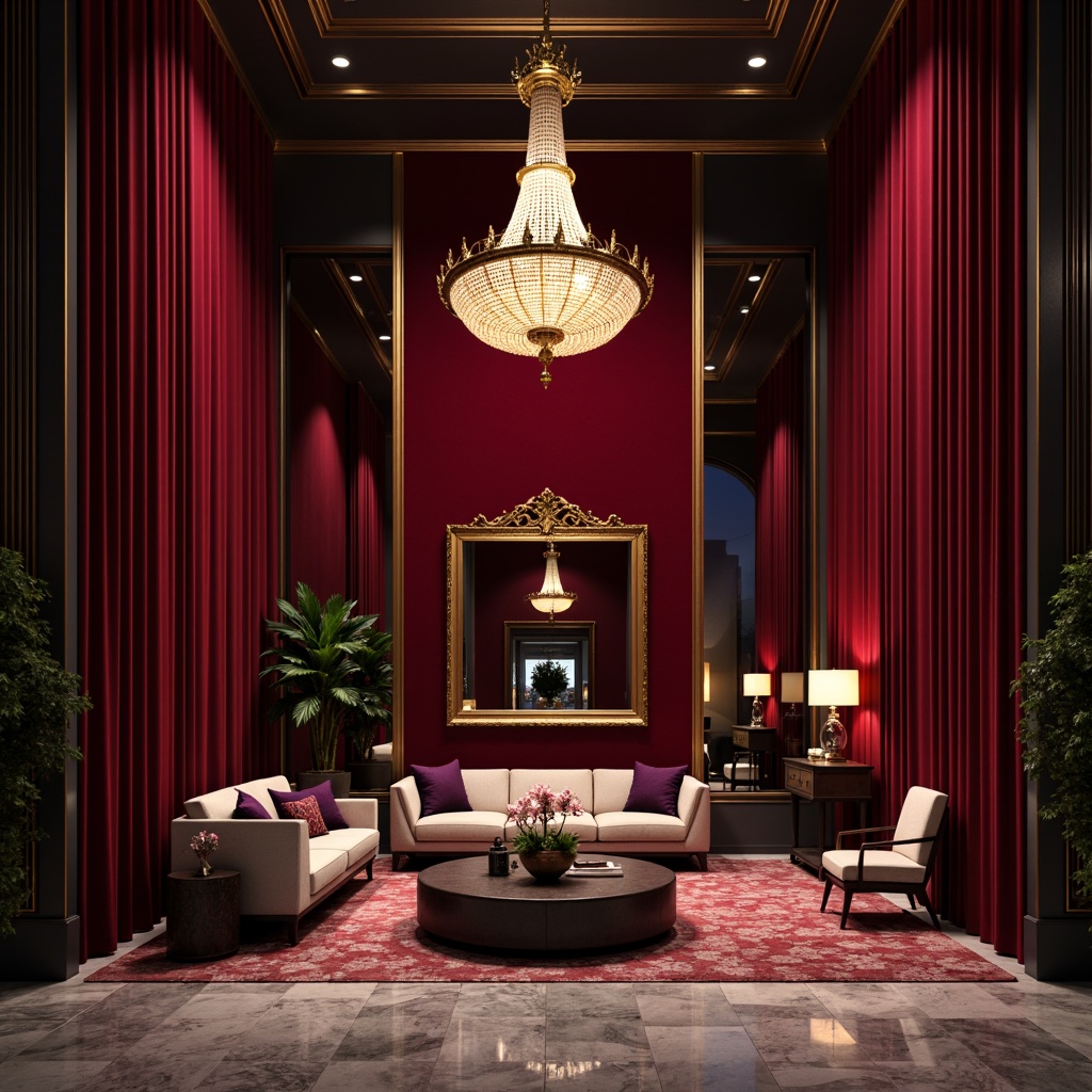 Prompt: Luxurious burgundy walls, rich velvet fabrics, ornate golden frames, lavish crystal chandeliers, sophisticated modern furniture, sleek marble floors, dramatic high ceilings, intimate warm lighting, bold red accents, regal purple undertones, opulent bronze details, mysterious dark wood tones, grandiose architectural elements, moody atmospheric shadows, 1/2 composition, shallow depth of field, cinematic color grading.