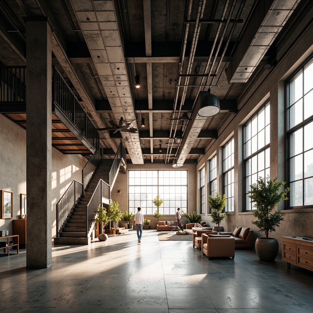 Prompt: Intricate steel beams, exposed ductwork, polished concrete floors, industrial-chic aesthetic, functional columns, minimalist decor, urban loft atmosphere, reclaimed wood accents, metal staircase, floor-to-ceiling windows, natural light pouring in, soft warm glow, 1/1 composition, shallow depth of field, realistic textures, ambient occlusion.