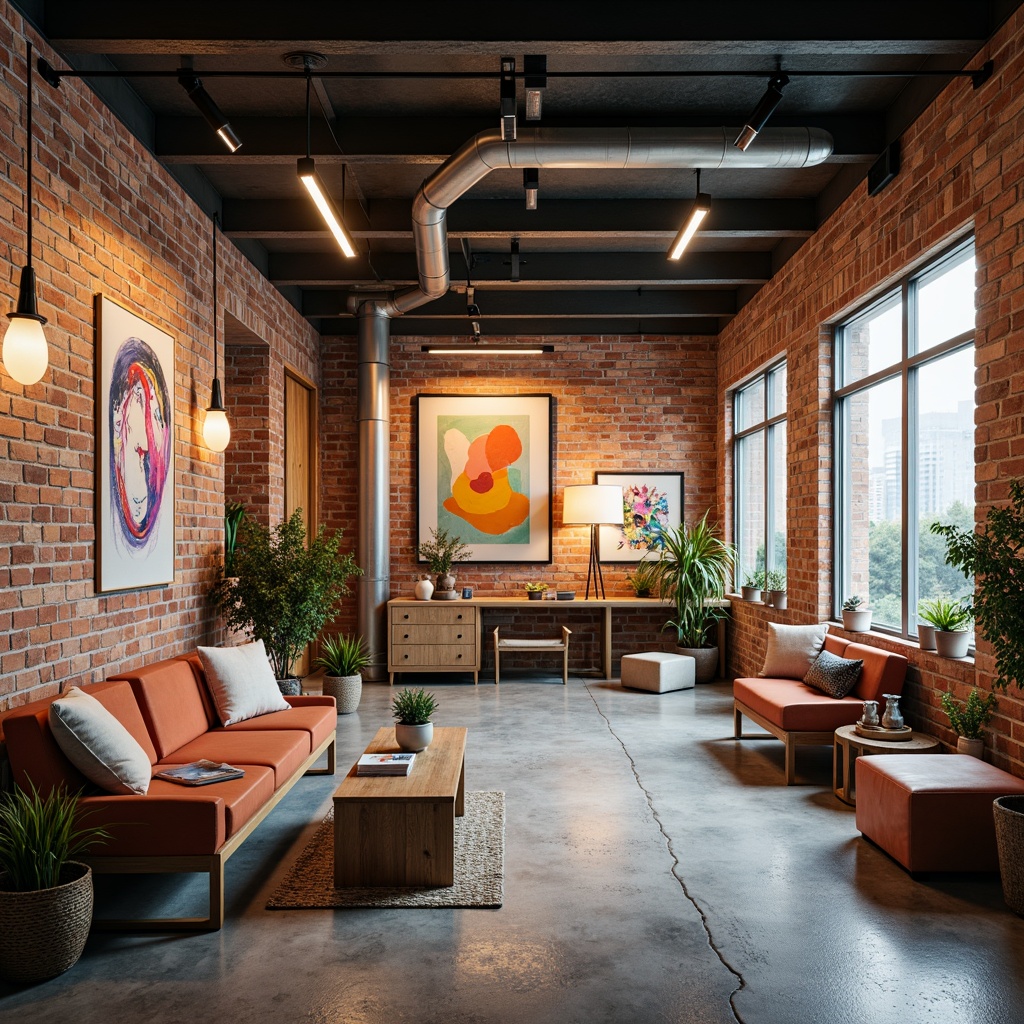 Prompt: Vibrant art studio, modern industrial architecture, exposed brick walls, polished concrete floors, eclectic decorative accents, bold colorful artwork, artistic lighting fixtures, abstract sculptures, trendy furniture pieces, pastel color palette, soft warm tones, natural textures, atmospheric misty effect, cinematic shallow depth of field, 2/3 composition, dramatic spotlights, realistic reflections.