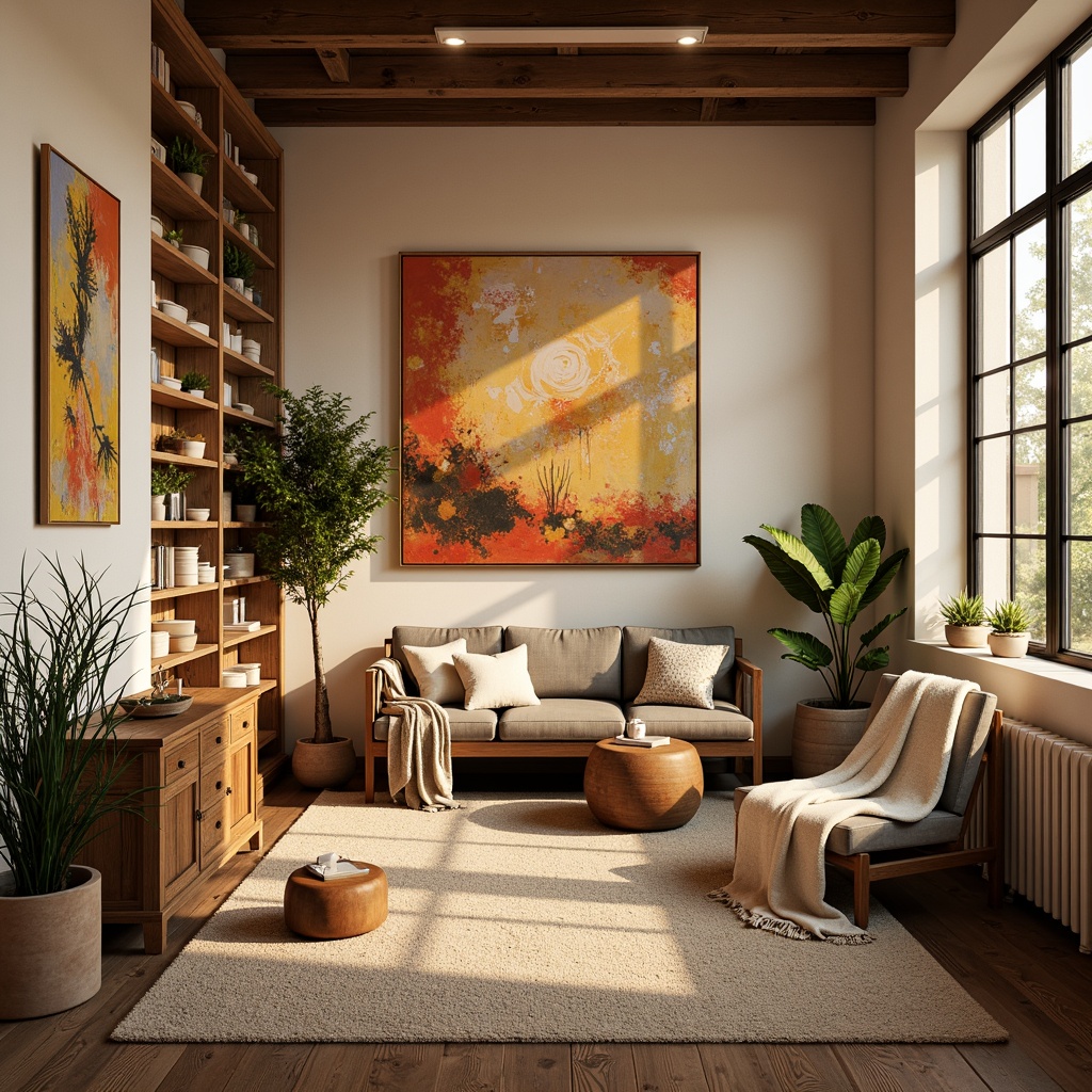 Prompt: Vibrant art studio, eclectic decorative accents, bold brushstroke walls, rich wood furniture, creamy pastel hues, natural textiles, earthy tones, bohemian chic atmosphere, warm golden lighting, soft focus, atmospheric perspective, subtle depth cues, 2/3 composition, harmonious color harmony, balanced contrast, nuanced saturation.