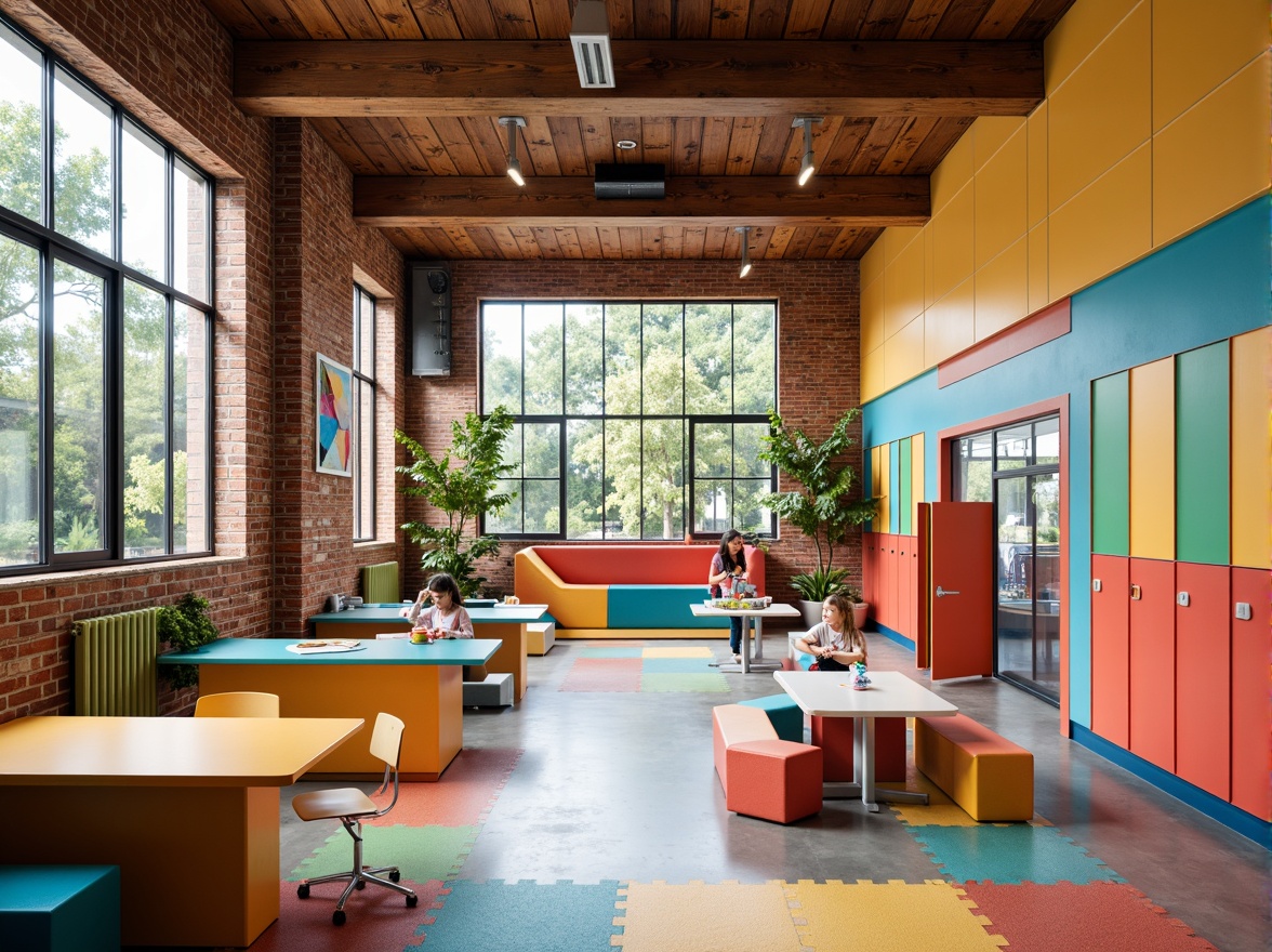 Prompt: Vibrant elementary school, bold primary colors, geometric shapes, minimalist decor, industrial materials, exposed brick walls, polished concrete floors, wooden accents, natural light pouring, large windows, modernist architecture, functional design, educational murals, colorful lockers, playful furniture, abstract patterns, diagonal lines, dynamic composition, warm atmospheric lighting, shallow depth of field, 2/3 composition, realistic textures.