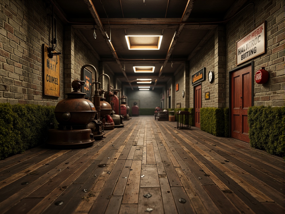 Prompt: Rustic wooden planks, distressed metal surfaces, worn stone walls, moss-covered bricks, weathered concrete floors, peeling paint, faded signage, vintage machinery, industrial pipes, exposed ductwork, dimly lit atmosphere, soft warm lighting, shallow depth of field, 2/3 composition, cinematic view, realistic reflections, ambient occlusion.