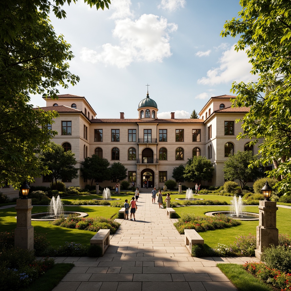 Prompt: Majestic university campus, Renaissance-style buildings, ornate stone facades, grand entranceways, sprawling green lawns, vibrant flower beds, meandering walkways, mature trees, ornamental fountains, statues, lanterns, natural stone pathways, rustic benches, classic garden ornaments, blooming vines, warm golden lighting, shallow depth of field, 2/3 composition, symmetrical framing, realistic textures, ambient occlusion.