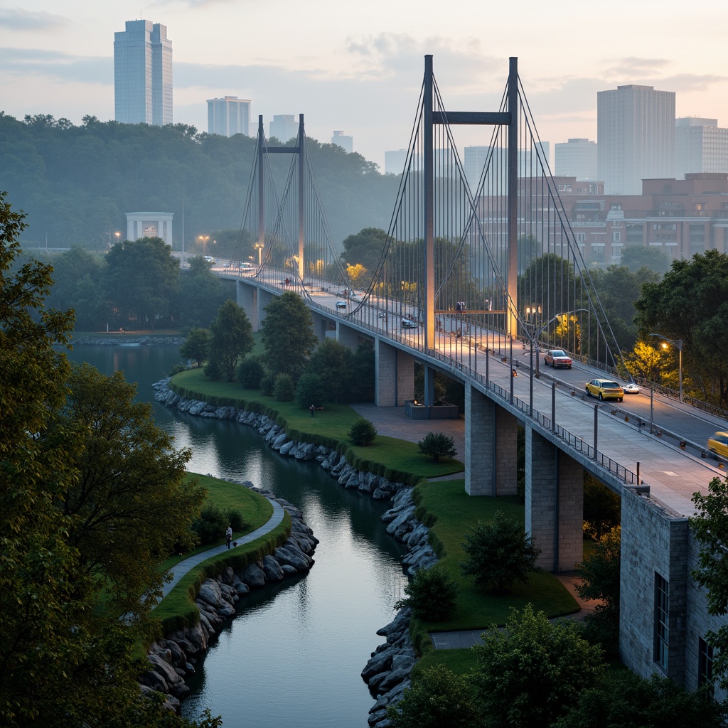 Prompt: Scenic bridge, winding waterway, lush greenery, natural stone piers, steel arches, suspension cables, modern infrastructure, urban landscape, bustling cityscape, vibrant streetlights, misty morning atmosphere, soft warm lighting, shallow depth of field, 1/1 composition, realistic textures, ambient occlusion, pedestrian walkways, cyclist paths, vehicular traffic flow, dynamic movement blur, blurred background, highlighted bridge structure.