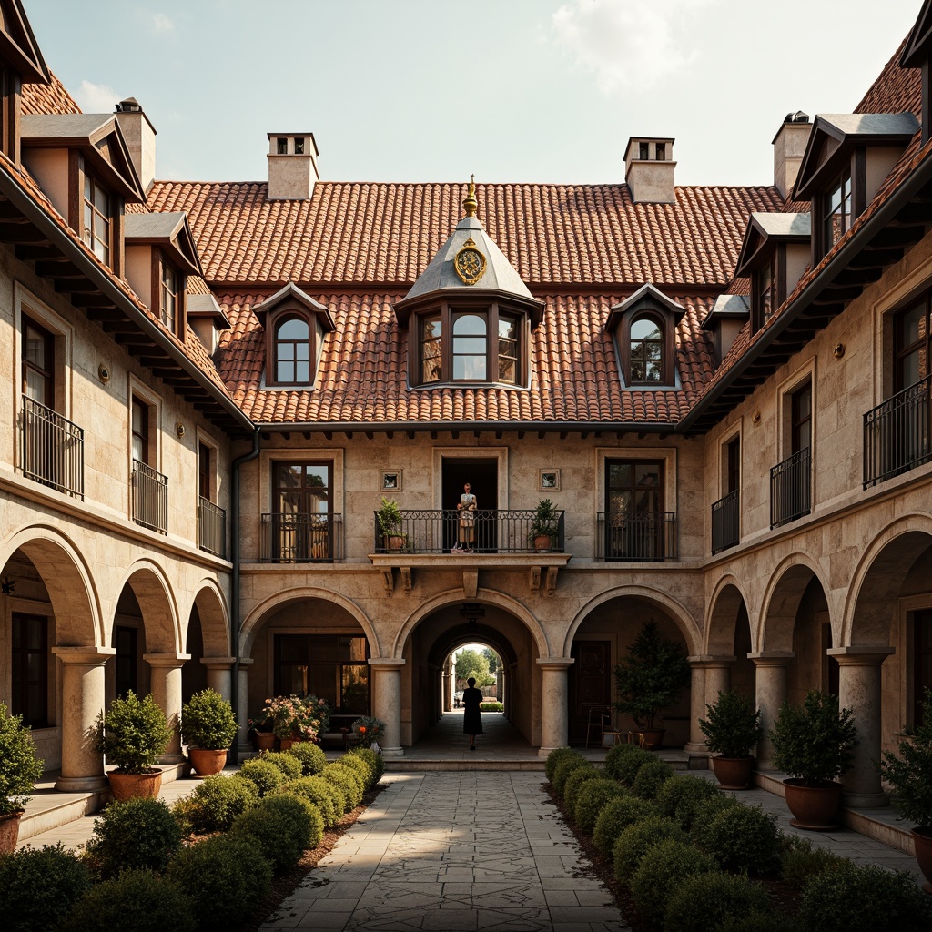 Prompt: Grand Renaissance palace, ornate roof tiles, curved dormer windows, intricate stone carvings, gilded decorations, symmetrical facade, red terracotta roofing, ornamental chimneys, lavish interior courtyard, arched doorways, rustic wooden beams, warm golden lighting, soft focus, shallow depth of field, 1/2 composition, atmospheric perspective, detailed textures, subtle ambient occlusion.