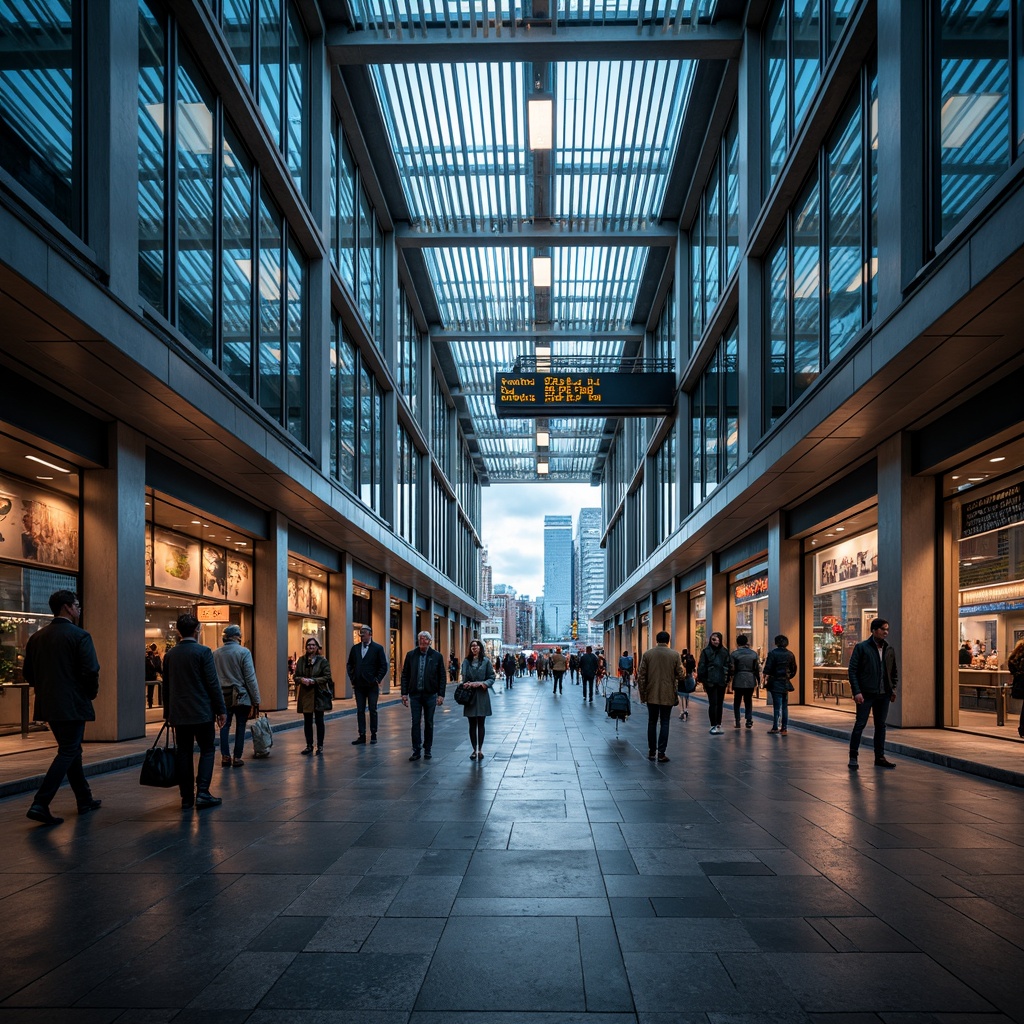 Prompt: Modern train station, sleek glass ceilings, bright LED lights, neon signage, dynamic lighting effects, warm ambient glow, high-contrast shadows, futuristic architecture, stainless steel columns, polished marble floors, bustling pedestrian traffic, rush-hour atmosphere, urban cityscape, cloudy day, softbox lighting, shallow depth of field, 2/3 composition, symmetrical framing, realistic reflections, subtle color grading.