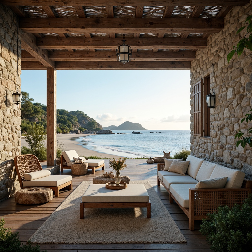 Prompt: Seaside villa, ocean views, sandy beach, driftwood accents, nautical ropes, weathered wooden decks, sea-salt air, misty morning light, soft blue-gray color palette, rustic stone walls, coral-inspired patterns, woven wicker furniture, natural linen textiles, distressed wood floors, shell-adorned decorative elements, subtle wave motifs, ocean-breeze sound effects, warm golden lighting, shallow depth of field, 1/2 composition, atmospheric perspective.