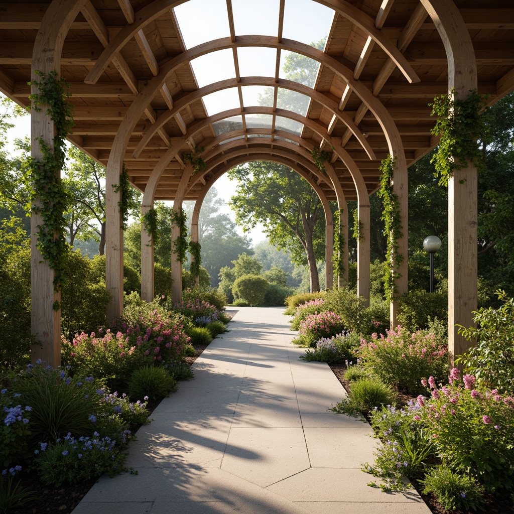 Prompt: Pavilion structure, organic curves, translucent canopy, natural ventilation, abundance of greenery, lush vines, blooming flowers, wooden accents, earthy tones, warm ambient lighting, soft diffused light, dappled shadows, 1/1 composition, symmetrical balance, serene atmosphere, morning sunlight, subtle color palette, minimal ornamentation, functional simplicity, sustainable materials, eco-friendly design.