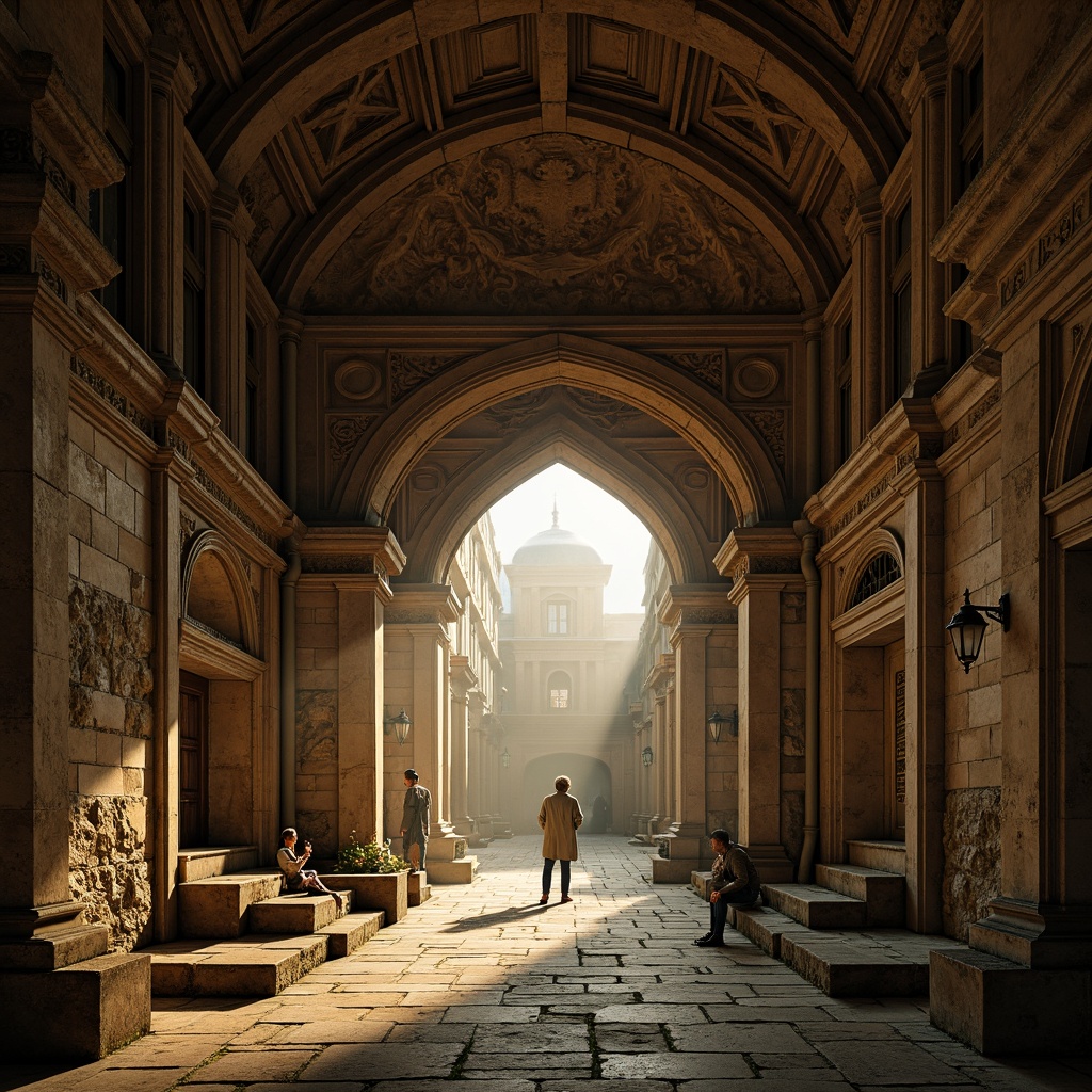 Prompt: Ancient Romanesque archway, grand entrance, ornate carvings, rustic stone walls, vaulted ceilings, dramatic lighting, imposing columns, intricate capitals, ornamental moldings, weathered stonework, moss-covered facades, mysterious passageways, atmospheric fog, warm golden light, shallow depth of field, 1/2 composition, symmetrical view, realistic textures, ambient occlusion.