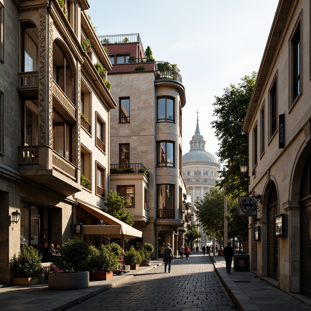 Prompt: Historic Renaissance-style townhouses, ornate facades, rusticated stone walls, arched windows, balconies with intricate ironwork, red-tiled roofs, narrow cobblestone streets, vintage street lamps, lively urban atmosphere, morning sunlight, soft warm lighting, shallow depth of field, 3/4 composition, pedestrian-friendly sidewalks, lush greenery, blooming flowers, modern amenities, eco-friendly materials, smart home technology, rooftop gardens, city skyline views, bustling neighborhood, vibrant cultural scene.