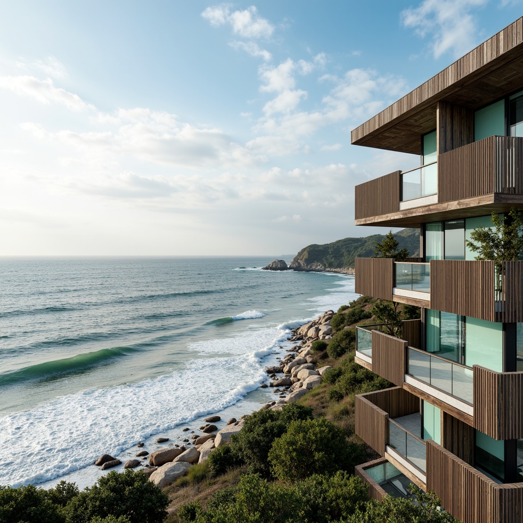 Prompt: Wave-crashing coastline, ocean breeze, sea salt air, modern coastal apartments, undulating balconies, floor-to-ceiling windows, sliding glass doors, minimalist railings, weathered wood accents, corrugated metal cladding, anodized aluminum frames, turquoise glass, aqua-green roofing, beach-inspired color palette, natural stone flooring, soft warm lighting, shallow depth of field, 1/2 composition, panoramic view, realistic textures, ambient occlusion.