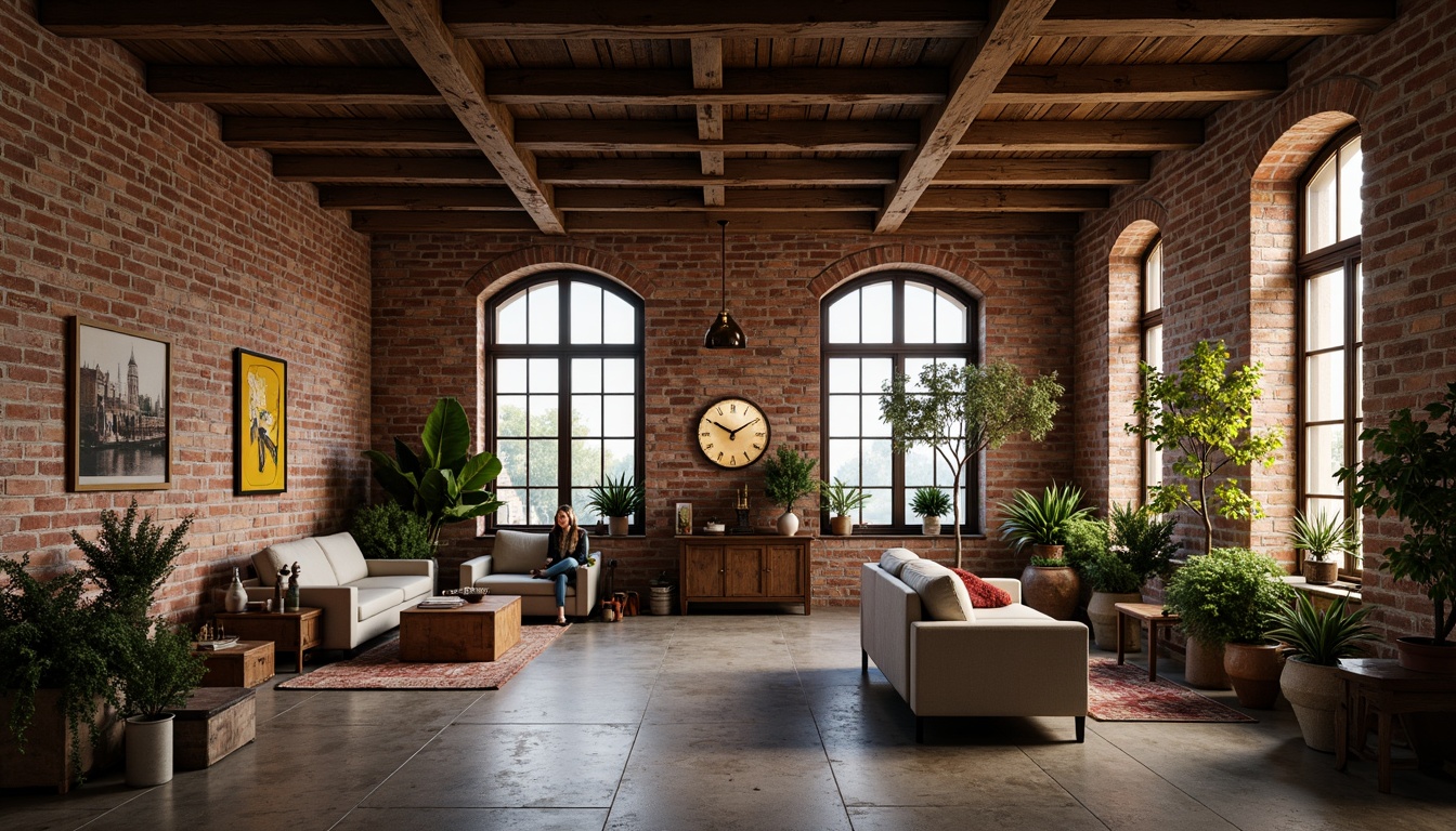 Prompt: Exposed brick walls, wooden beams, high ceilings, large windows, soft natural light, warm ambient glow, romantic candlelight, vintage furniture, distressed textures, earthy tones, cozy atmosphere, lush greenery, potted plants, industrial-chic decor, minimalist elegance, modern simplicity, airy openness, 1/1 composition, shallow depth of field, warm color palette, gentle shadows.